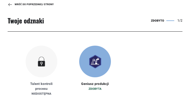 Ilustracja przedstawia ekran uczestnika gry, w której zgromadził zdobyte odznaki. 