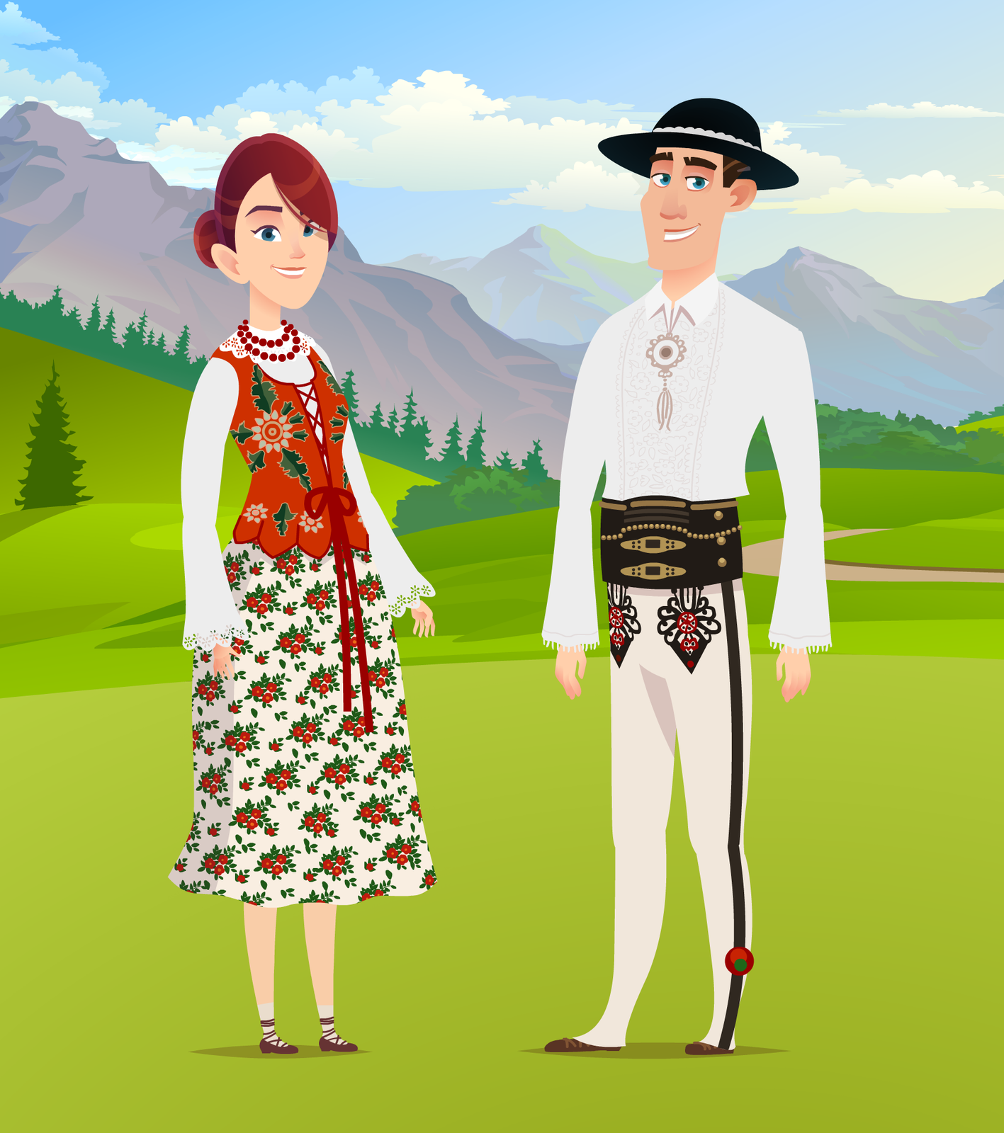 Ilustracja przedstawia graficzną prezentację stroju podhalańskiego w formie rysunku. Na ilustracji znajduje się para – kobieta oraz mężczyzna. Kobieta ubrana jest w białą koszulę, na którą nałożony ma pomarańczowy gorset przyozdobiony kwiecistym wzorem. Zachodzi on w długą białą spódnicę przyozdobioną wzorem jarzębiny. Kobieta nie ma na głowie chusty, tylko związane w kok brązowe włosy. Na szyi wiszą czerwone korale, na nogach założone ma czarne obuwie – trzewiki. Mężczyzna stoi z prawej strony, ubrany jest w białą koszulę na którą założoną ma białą marynarkę z szerokimi rękawami. Na pasie założony ma szeroki czarny pas zdobiony cekinami oraz guzikami. Na nogach białe spodnie ozdobione pionowym ciemnym pasem na bokach. Przód spodni przyozdobiony jest czarnymi ornamentami z czerwonymi akcentami. Mężczyzna na głowie ma czarny kapelusz z szerokim rondem przyozdobiony białym poziomem pasem materiału. Na szyi wisior w formie okręgów, swoim kształtem przypominające rozpromienione słońce, Na nogach mężczyzna ma buty. Para stoi na polanie, w tle krzewy, drzewa oraz góry. 