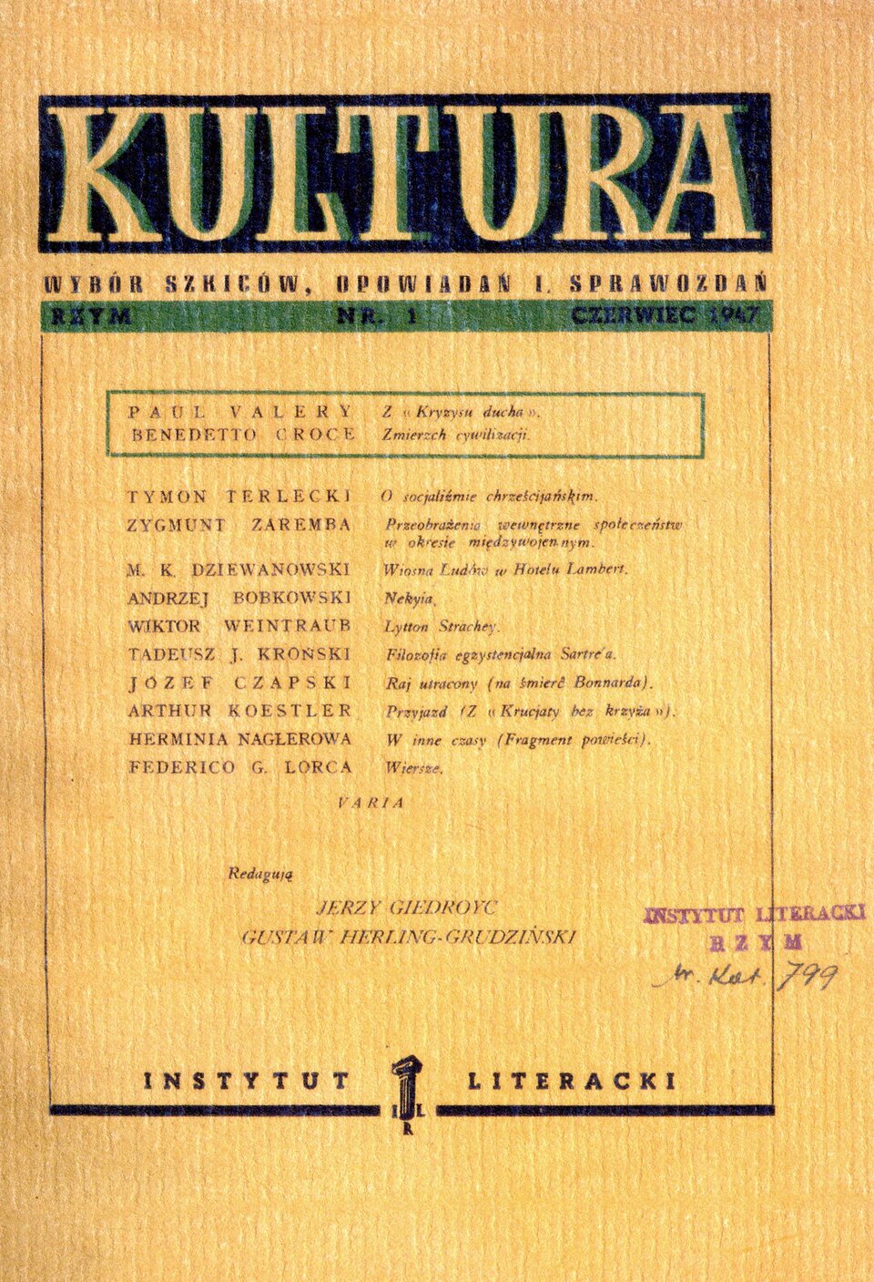 Zdjęcie przedstawia okładkę czasopisma Kultura, wydanego w Rzymie w czerwcu 1947. Zamieszczone są tu teksty: Paula Valery’ego, Benedetto Crocego, Tymona Terleckiego, Zygmunta Zaremby, M. K. Dziewanowskiego, Andrzeja Bobkowskiego, Wiktora Weintrauba, Tadeusza J. Krońskiego, Józefa Czapskiego, Arthura Koestlera, Herminy Naglerowej, Federico G. Lorci. Tom jest pod redakcją Jerzego Giedroycia i Gustawa Herlinga‑Grudzińskiego.