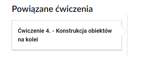 Zrzut ekranu przedstawia przykładowe powiązanie ćwiczenia w atlasie. Widoczny jest nagłówek z napisem "Powiązane ćwiczenia", a pod nim znajduje się prostokątny przycisk z numerem i tytułem ćwiczenia. 