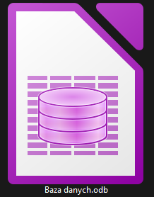 Grafika przedstawia ikonę bazy danych odb. To kartka papieru z odciętym prawym, górnym rogiem. Na kartce znajdują się cztery kolumny zaznaczone na fioletowo, a na ich tle trzy okrągłe dyski.