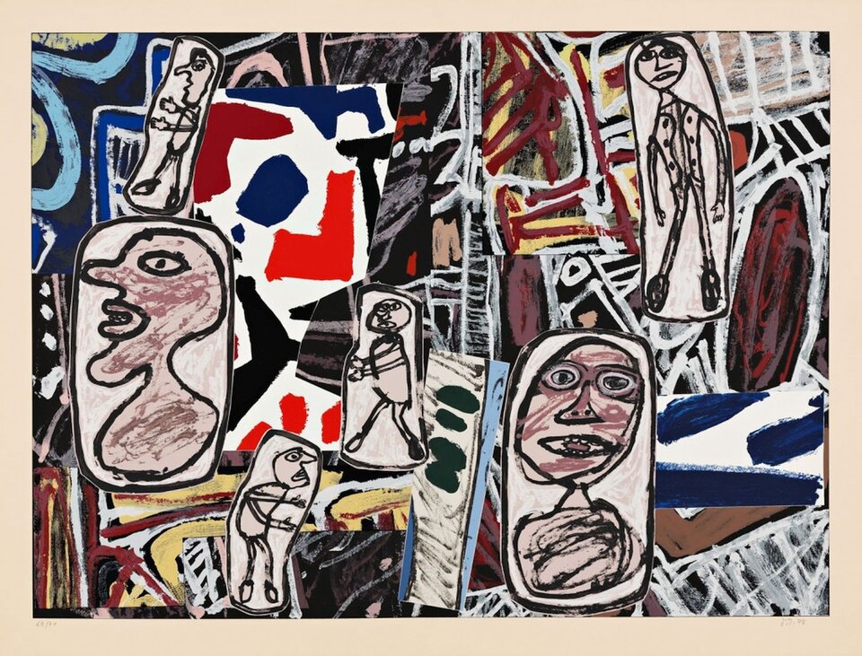 Ilustracja przedstawia obraz „Mnemotechnika I”, autorstwa Jean Dubuffet. Obraz ukazuje twarze i sylwetki różnych postaci. Obraz jest wielokolorowy.