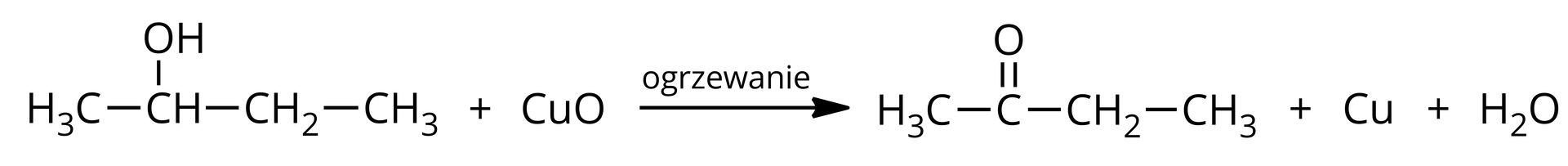 Na ilustracji znajduje się równanie reakcji: do atomu węgla przyłączone są grupa etylowa, metylowa, atom wodoru i grupa hydroksylowa dodać CuO, strzałka w prawo, opis: ogrzewanie, powstaje związek w którym do atomu węgla przyłączone są grupy metylowa i etylowa poprzez wiązania pojedyncze oraz atom tlenu poprzez wiązanie podwójne, dodać Cu dodać cząsteczka wody.