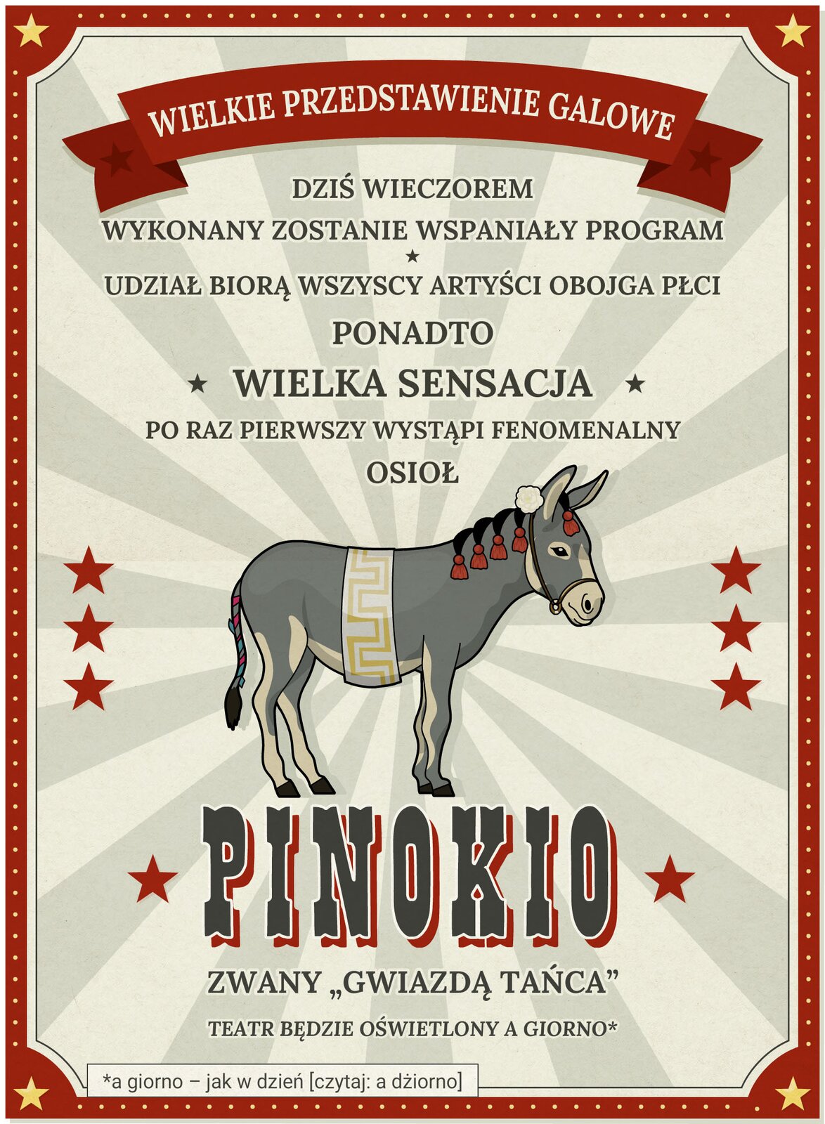 Na kolorowej ilustracji znajduje się afisz cyrkowy z następującym tekstem: Wielkie przedstawienie galowe, dziś wieczorem wykonany zostanie wspaniały program, udział biorą wszyscy artyści obojga płci, ponadto wielka sensacja, po raz pierwszy wystąpi fenomenalny osioł Pinokio zwany „Gwiazdą tańca”, teatr będzie oświetlony a giorno . W centrum afisza znajduje się rysunek szarego osła z ogonem obwiązanym kolorowymi wstążkami. Wokół tułowia ma założony szeroki pas z żółtym wzorem. Do grzywy ma przyczepione czerwone pompony.
