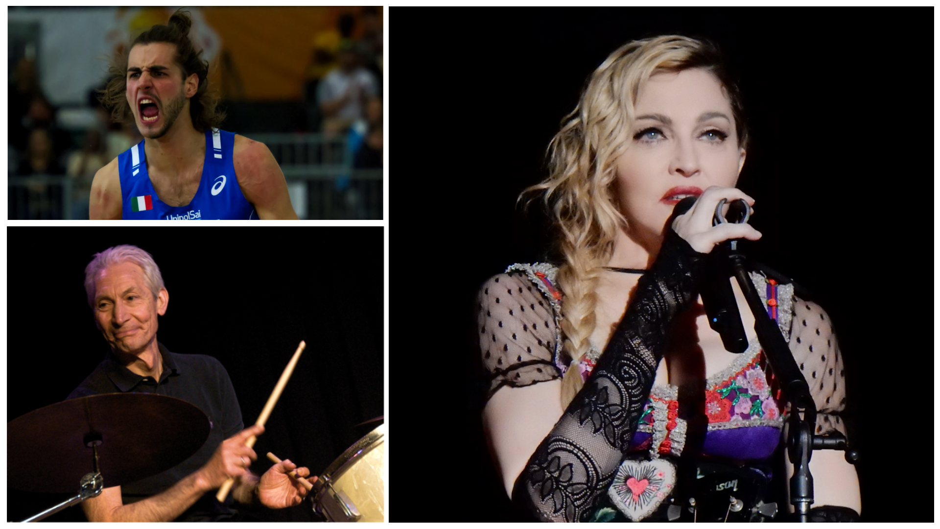 Ilustracja składa się z trzech zdjęć. Na pierwszym zdjęciu znajduje się reprezentant Włoch, Na drugim zdjęciu znajduje się perkusista zespołu The Rolling Stones Charlie Watts. Trzecie zdjęcie przedstawia słynną piosenkarkę Madonnę.