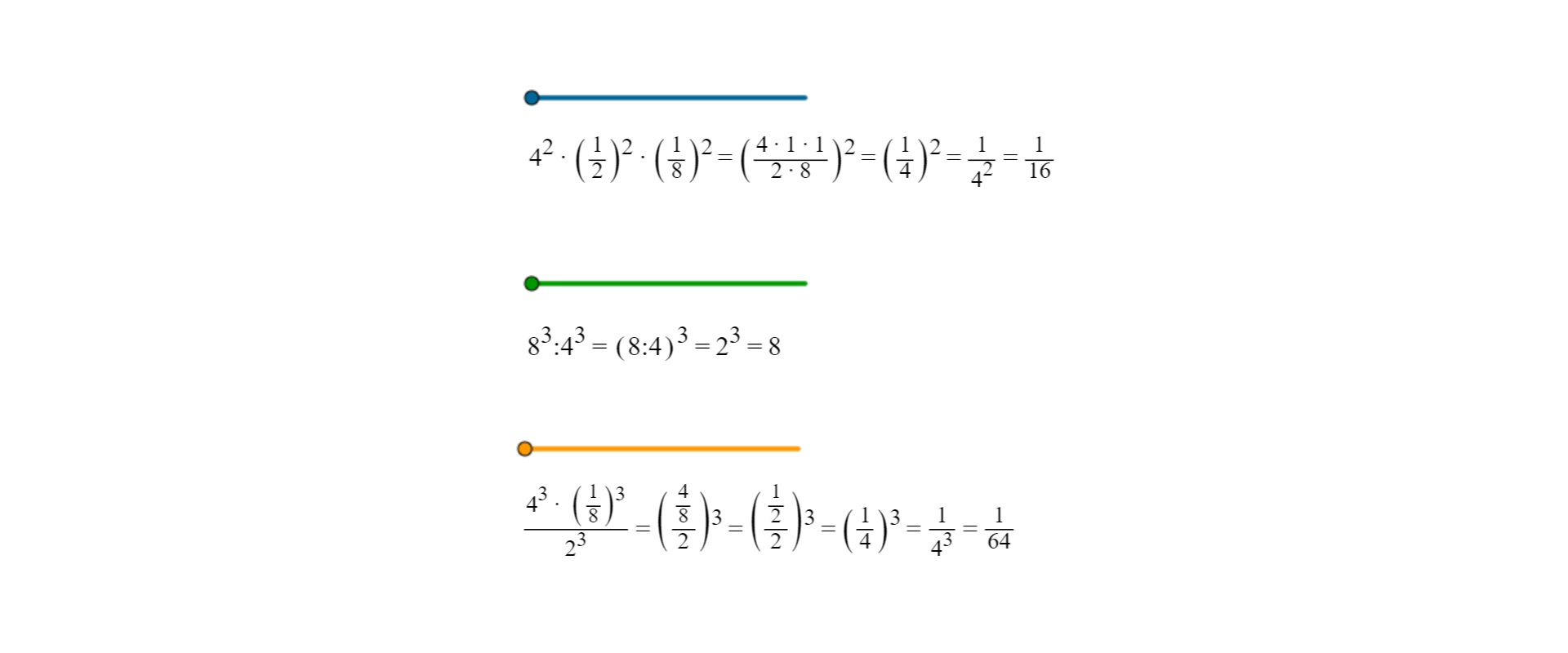 Rysunek przedstawia trzy suwaki, pod każdym przykład pokazujący zastosowanie twierdzeń o mnożeniu i dzieleniu potęg o takich samych wykładnikach. Przykład 1: cztery do kwadratu razy w nawiasie jedna druga, koniec nawiasu, do kwadratu razy w nawiasie jedna ósma, koniec nawiasu, do potęgi drugiej równa się w nawiasie cztery razy jeden razy jeden, podzielić przez dwa razy osiem, koniec nawiasu, do potęgi drugiej równa się w nawiasie jedna czwarta, koniec nawiasu, do potęgi drugiej równa się jeden dzielony przez cztery do potęgi drugiej równa się jedna szesnasta. Przykład 2: osiem do potęgi trzeciej podzielić przez cztery do potęgi trzeciej równa się w nawiasie osiem podzielić przez cztery, koniec nawiasu, do potęgi trzeciej równa się dwa do potęgi trzeciej równa się osiem. Przykład 3: Iloraz cztery do potęgi trzeciej razy w nawiasie jedna ósma, koniec nawiasu, do potęgi trzeciej przez dwa do potęgi trzeciej równa się w nawiasie cztery ósme dzielone przez dwa,koniec nawiasu do potęgi trzeciej równa się w nawiasie jedna druga podzielić przez dwa, koniec nawiasu,do potęgi trzeciej równa się w nawiasie jedna czwarta, koniec nawiasu,do potęgi  trzeciej równa się jedna sześćdziesiąta czwarta.
