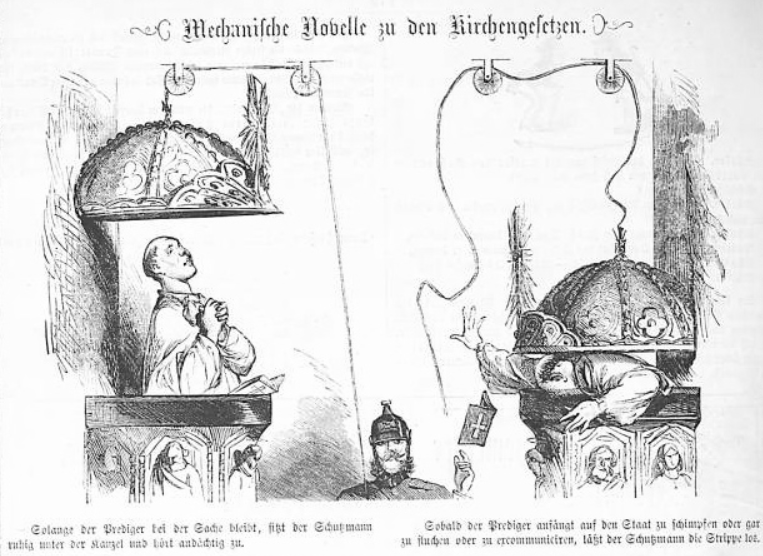 Ilustracja przedstawia dwie ambony — po lewej i prawej stronie — w których stoją księża. Dachy ambon są połączone sznurkami. Za sznurki pociąga mężczyzna w mundurze i hełmie. Sznurek połączony z dachem prawej ambony jest przez mężczyznę puszczony, przez co dach ambony spadł na głowę księdza.