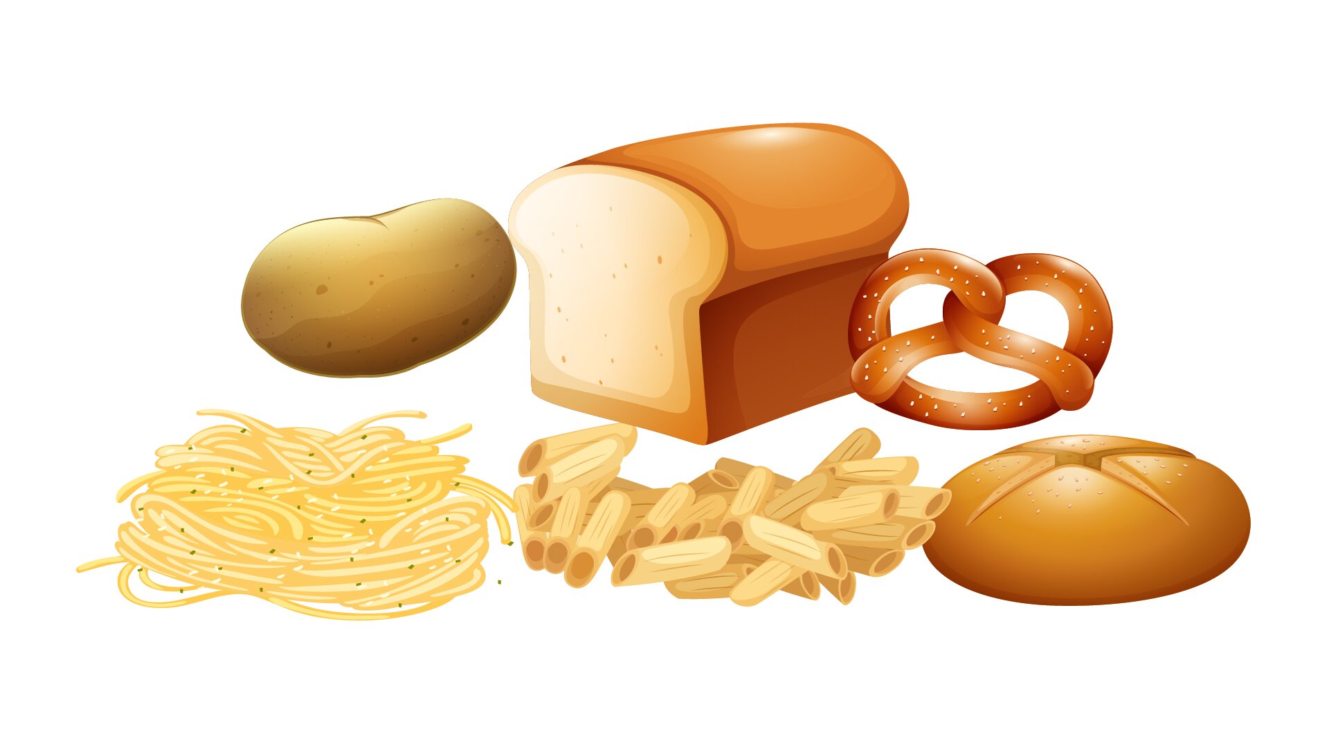 Grafika przedstawia przykładowe produkty spożywcze zawierające węglowodany. Widoczne są od lewej: makaron wstążki, ziemniak, połówka chleba, makaron rurki, bochenek chleba i precel.