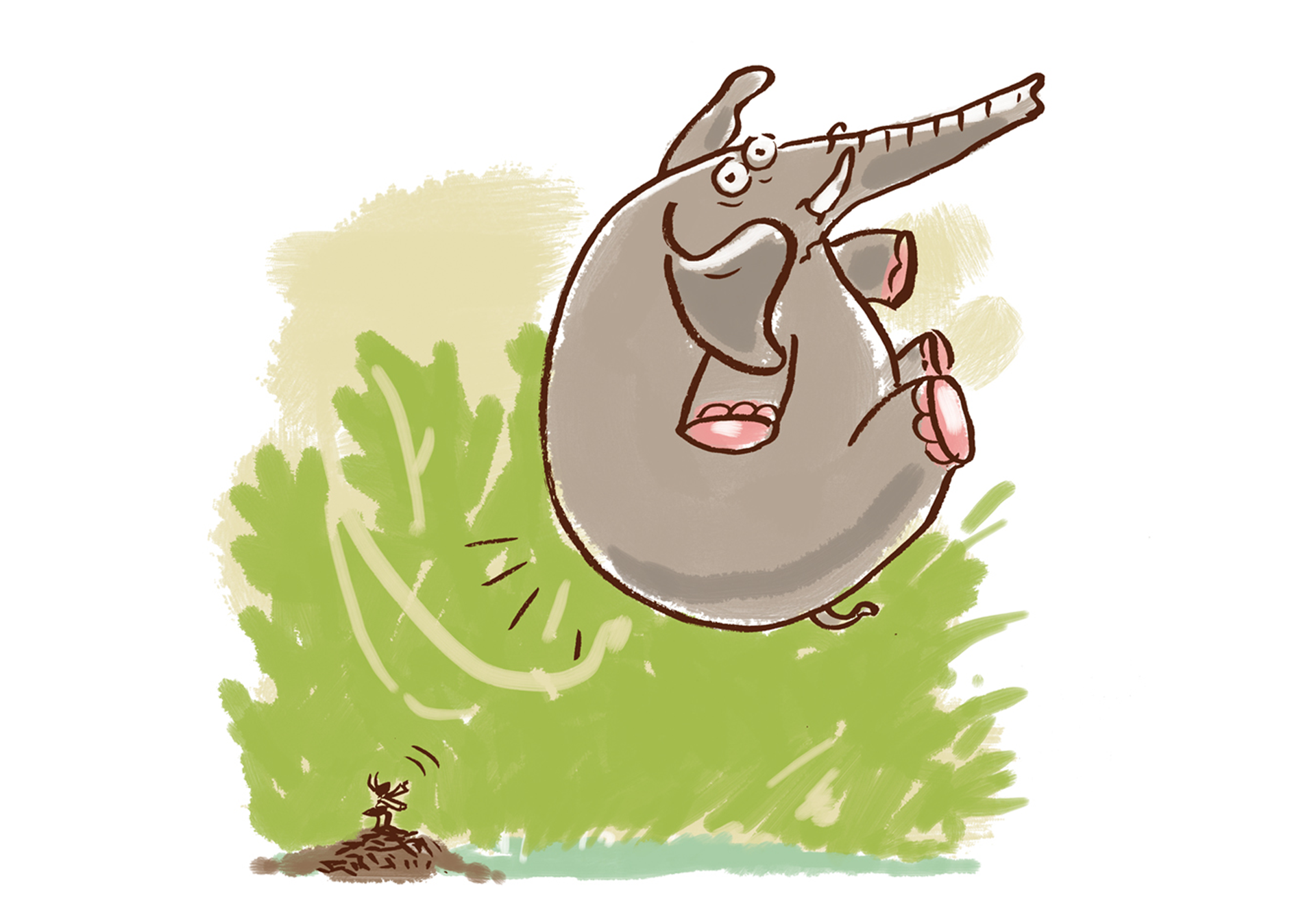 Kolorowa ilustracja przedstawia słonia, który leci w powietrzu po ataku mrówki. Jest bardzo zdziwiony, gdyż nie spodziewał się, że pokona go mrówka. Stoi ona na małym wzniesieniu wielkości kopca kreta. Macha łapkami. Wygląda tak, jakby przed chwilą zaatakowała słonia.