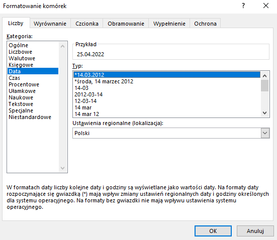 Ilustracja przedstawia otwarte okno programu zatytułowane Formatowanie komórek. U góry w pasku wybory wybrano kategorię Liczby. Po lewej w kategoriach wybrano opcję Data. Po prawej w kategorii typ wybrano opcję *14.03.2012. Da dole okna wybrano opcję OK. 