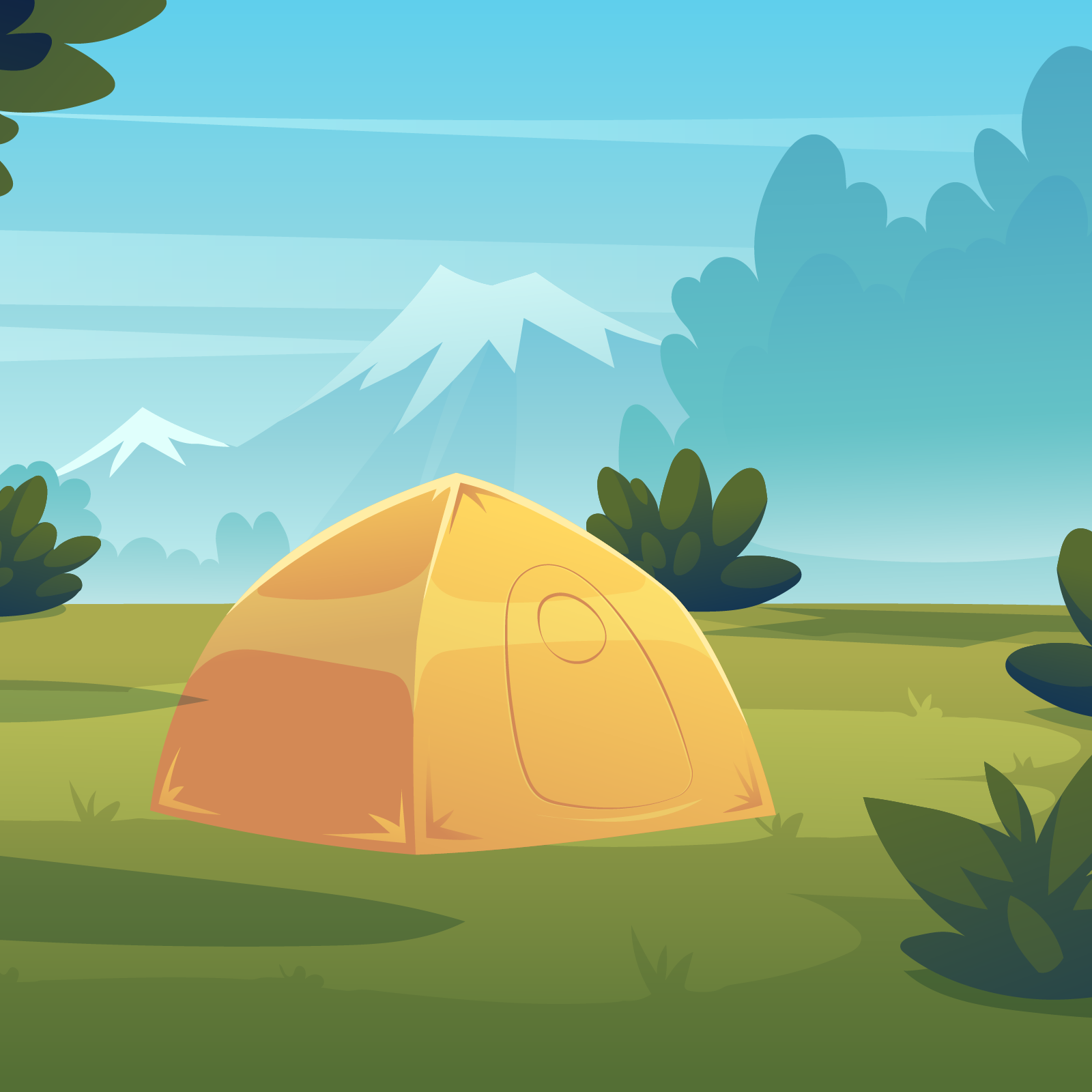 Ilustracja przedstawia żółty spiczasty namiot na zielonej trawie. W tle widać strzeliste góry.