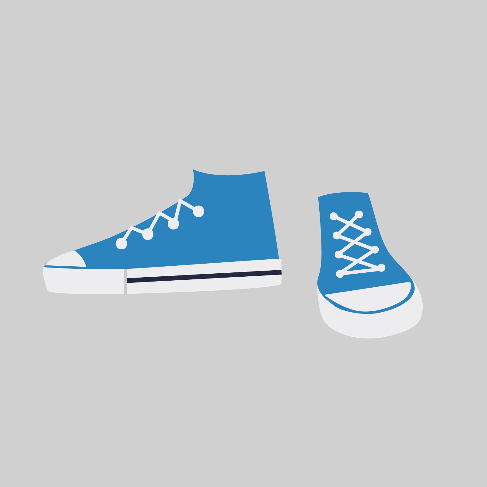 Ilustracja przedstawia dwa niebieskie trampki z białą podeszwą i sznurówkami.