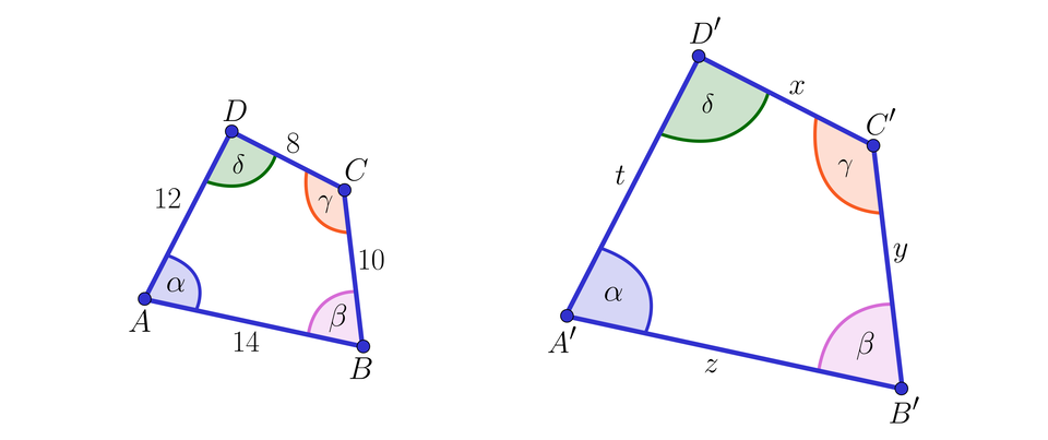 Na ilustracji przedstawiono dwa czworokąty podobne. Pierwszy czworokąt A B C D jest mniejszy. Zaznaczono długości boków. Długość boku A B równa się 14, długość boku B C równa się 10, długość boku C D równa się 8, długość boku A D równa się 12. Zaznaczono kąty wewnętrzne. Kąt alfa przy wierzchołku A, kąt BETA przy wierzchołku B, kąt GAMMA przy wierzchołku C, oraz kąt DELTA przy wierzchołku D. Drugi czworokąt oznaczono A’B’C’D’. Długości boków oznaczono małymi literami alfabetu. Bok A’B’ oznaczono z, bok B’C’ oznaczono y, bok C’D’ oznaczono x, bok A’D’ oznaczono t. Zaznaczono kąty wewnętrzne. Kąt alfa przy wierzchołku A prim, kąt BETA przy wierzchołku B prim, kąt GAMMA przy wierzchołku C prim, oraz kąt DELTA przy wierzchołku D prim.