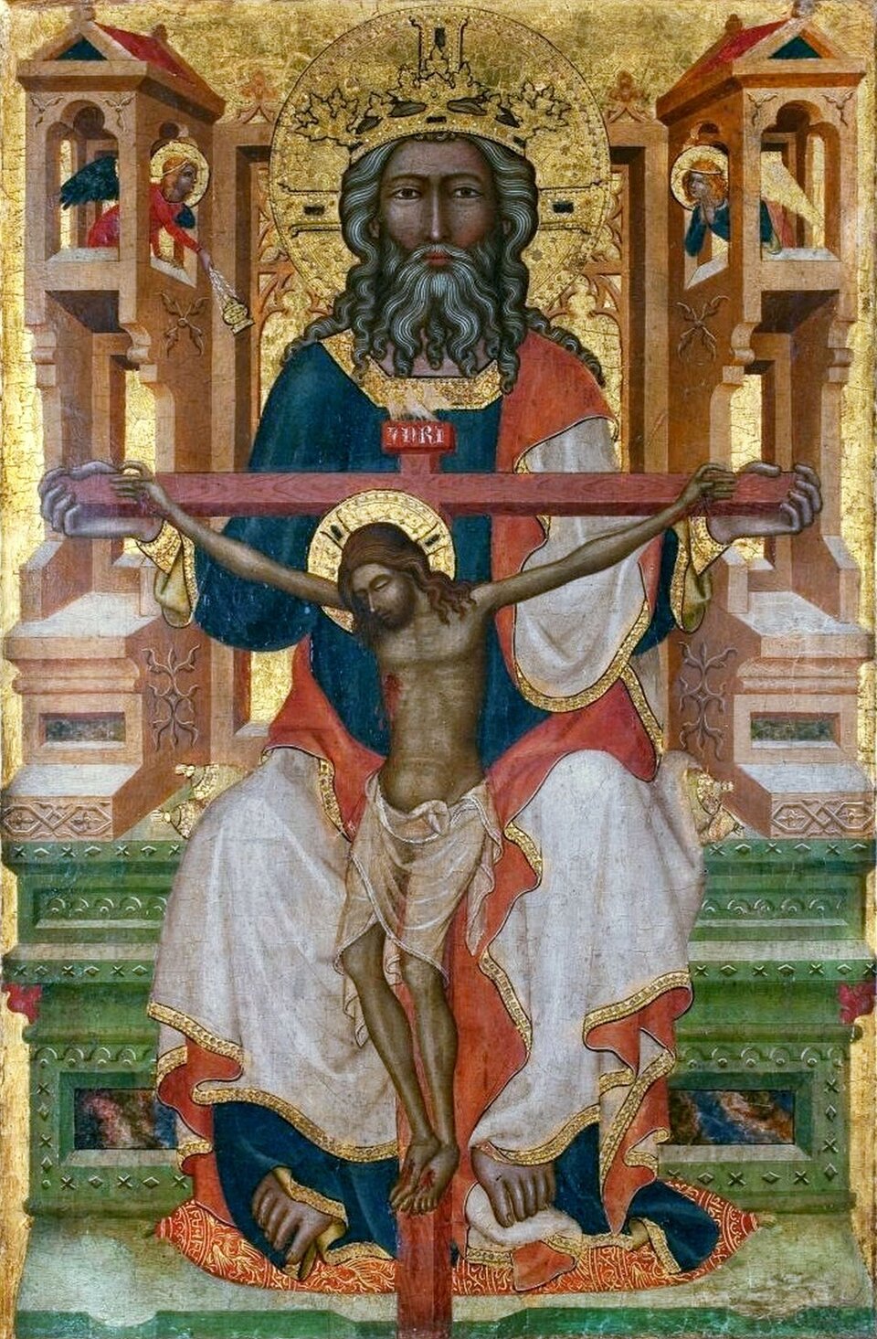 Ilustracja przedstawia „Tron Łaski ze Świerzawy” z I poł. XIV. Ukazuje Boga Ojca siedzącego na tronie i trzymającego krzyż z Chrystusem.  Po bokach znajdują się budowle, z których okien wyglądają święci. Postać Boga Ojca i Chrystusa na krzyżu usytuowane są w centrum i są osią symetrii dzieła.  Symetrycznie są przedstawione elementy architektoniczne. 