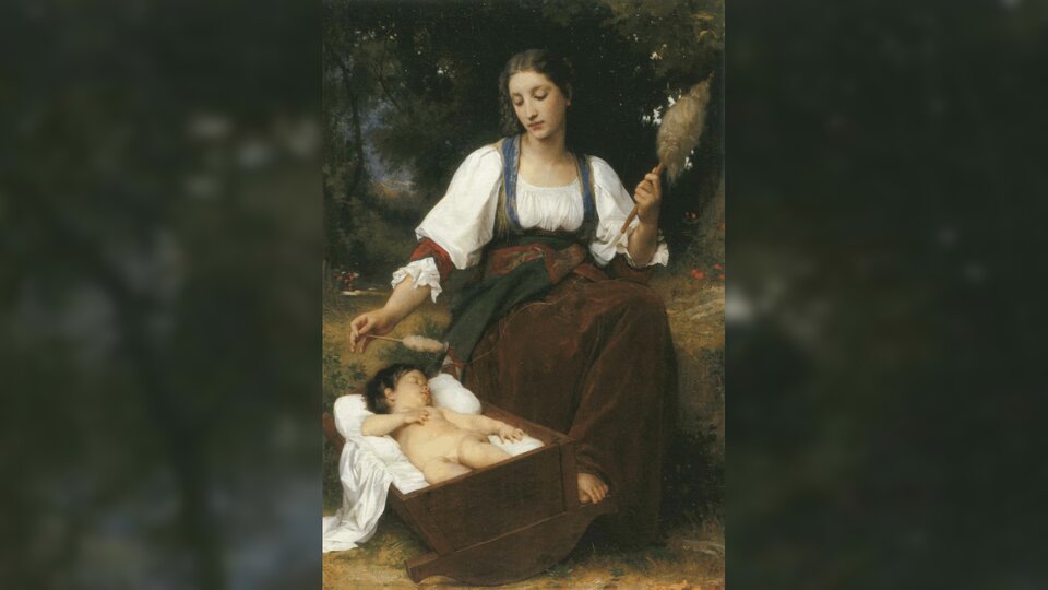 Obraz przedstawia kobietę w białej bluzce, trzymającą w rękach kłębek nici. Kobieta siedzi i kołysze stopą małą kołyskę, w której śpi małe, nagie dziecko.