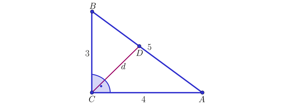 Ilustracja przedstawia trójkąt prostokątny A B C. Podstawa AC ma miarę 4 , bok CB ma miarę 3,  a przeciwprostokątna długość pięć. Z wierzchołka C na przeciwprostokątną poprowadzono dwusieczną CD o mierze d. 