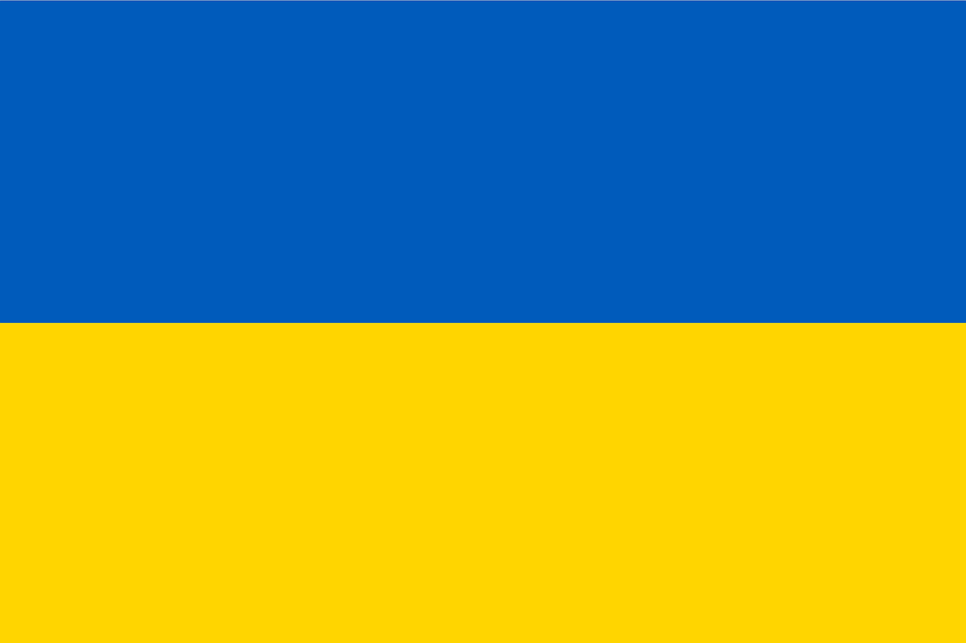 Ilustracja przedstawia flagę Ukrainy.  Prostokątny symbol został podzielony na dwa poziome pasy: niebieski i żółty. 