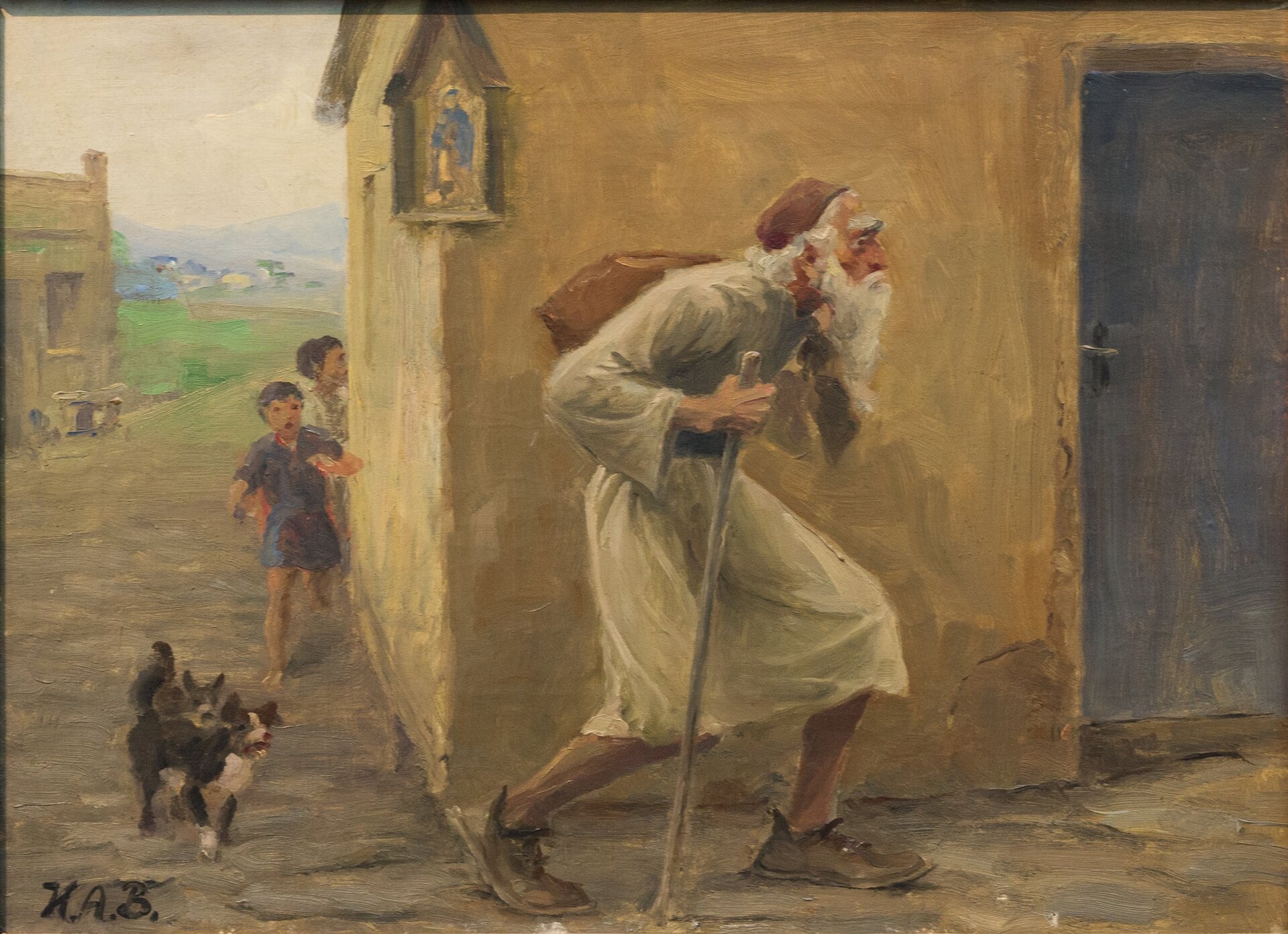 Ilustracja przedstawia starego mężczyznę opierającego się o kij. Postać ma długą brodę, krzaczaste brwi, głęboko osadzone oczy i wydatny nos. Mężczyzna idzie, pochylając się. Na plecach niesie worek. Na  głowie ma niewielką okrągłą czapkę. Jest ubrany w prostą koszulę sięgającą połowy łydek. Na stopach ma zniszczone buty. Za mężczyzną stoi dom. Na jego rogu wisi mała, drewniana kapliczka. Zza rogu budynku wybiegają dwa małe psy. Za nimi dwaj chłopcy. W tle wiejska droga i zabudowania.