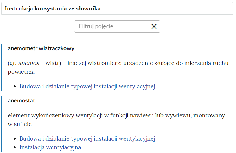 Przykładowy widok otwartej zakładki instrukcji korzystania ze słownika. Pod nazwą zakładki znajduje się prostokątny panel filtruj pojęcie i znak iks. Poniżej znajduje się treść definicji.