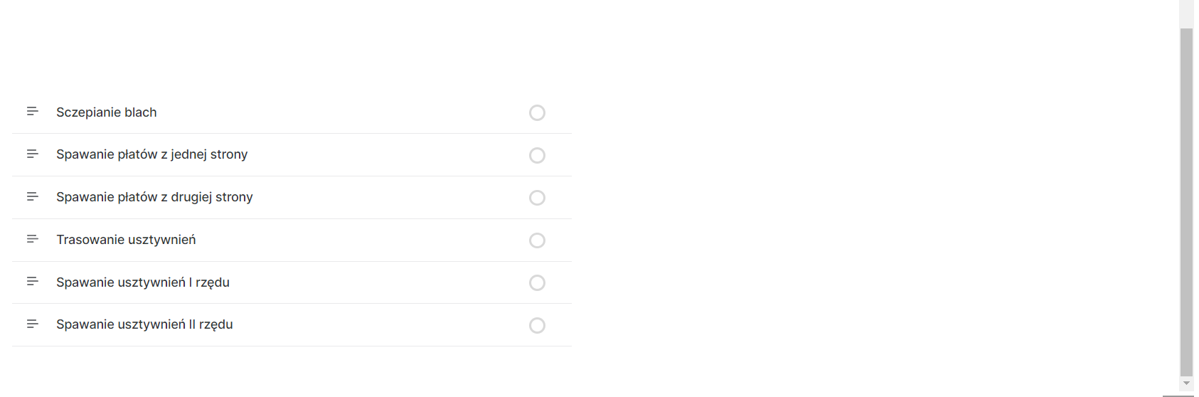 Grafika przedstawia przykładowy spis treści atlasu interaktywnego. Składa się on z zamieszczonych jeden pod drugim tematów rozdziałów atlasu. Z prawej strony każdego tematu znajduje się puste kółko.