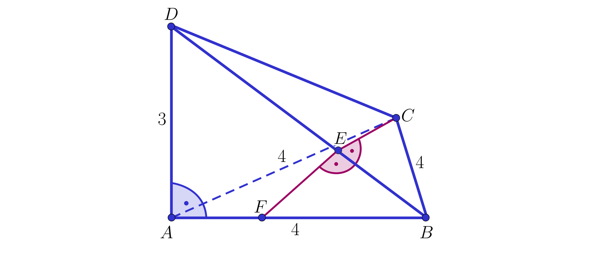 Na ilustracji przedstawiono czworościan ABCD. Długość krawędzi podstawy wynosi 4, natomiast długość krawędzi bocznej wynosi trzy. Krawędź boczna AD jest nachylona do krawędzi bocznej pod kątem prostym. Na krawędzi Ab zaznaczono punkt F. Z punktu F oraz wierzchołka C poprowadzono proste prostopadłe do krawędzi bocznej BD w punkcie E.