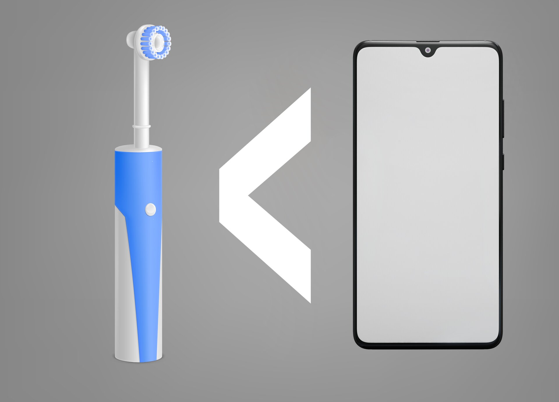 Zdjęcie przedstawia po lewej stronie elektryczną szczoteczkę do zębów, a po prawej stronie telefon komórkowy typu smartfon. Pomiędzy przedmiotami widoczny jest symbol „mniejszy od”. 