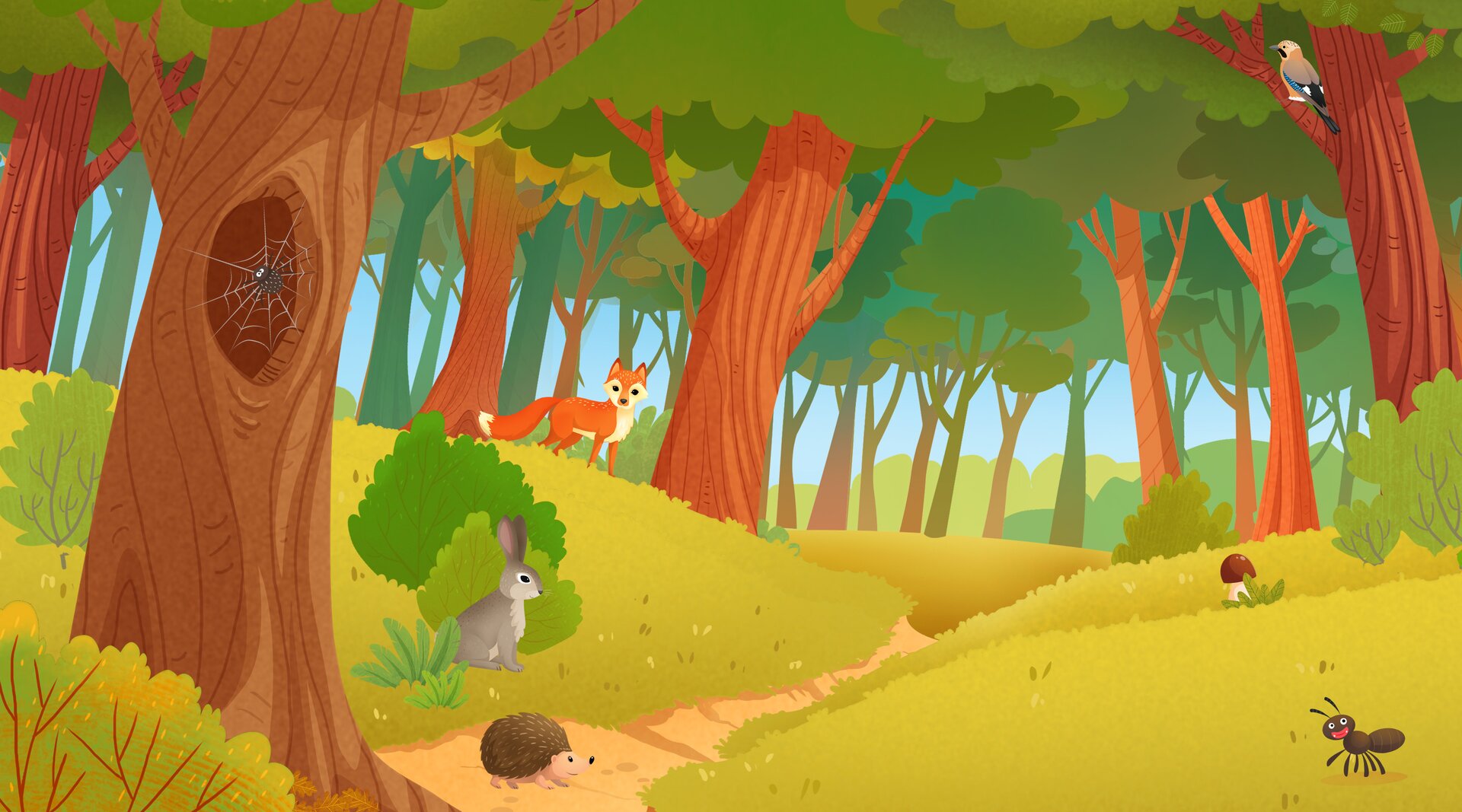 Ilustracja przedstawia las. Widoczne są zwierzęta: lis zając, jeż i mrówka.