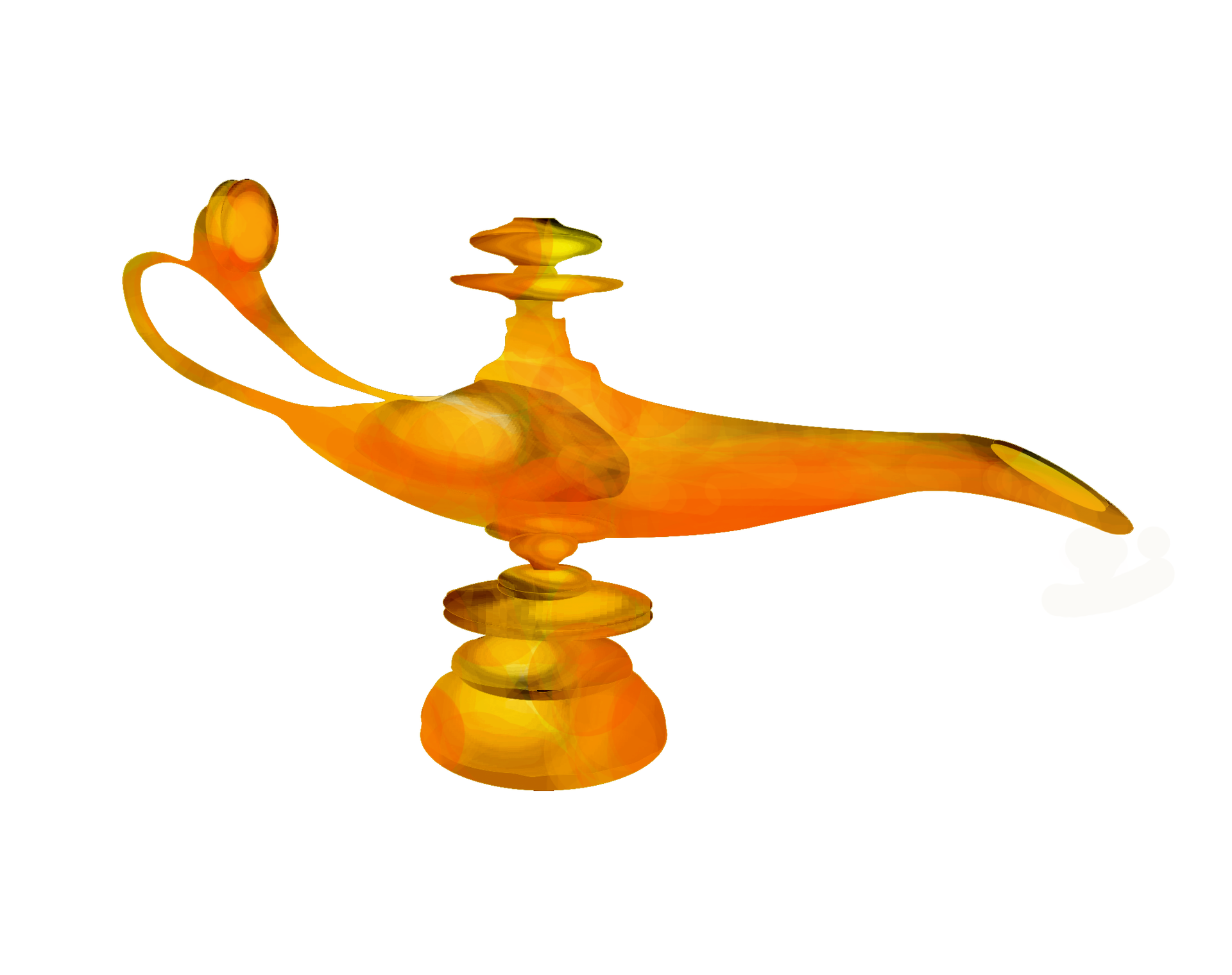 Ilustracja przedstawiająca pomarańczowo‑żółtą lampę. Ma ona niewielką nóżkę składającą się z jednego grubego półokręgu na spodzie i ułożonych jeden na drugim trzech cienkich okręgów. Na nóżce umieszczona została część główna przypominająca kształtem dzban, który jest wydłużony. Z lewej strony jest uchwyt, a z prawej umieszczony na końcu długiej szyjki otwór. Mniej więcej na jej środku znajdują się ułożone jeden na drugim dwa koła przypominające talerze. Tło jest białe.