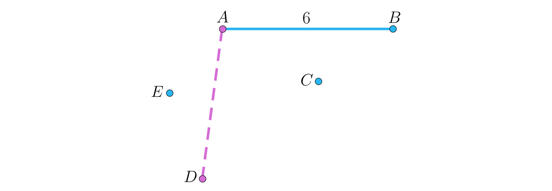 Ilustracja przedstawia dwa połączone ze sobą odcinki AD oraz AB, przy czym odcinek AB jest poziomy i ma długość , a odcinek AD jest ukośny i został namalowany linią przerywaną. Z lewej strony odcinek AD znajduje się punkt E, z prawej strony odcinka AD znajduje się punkt C.