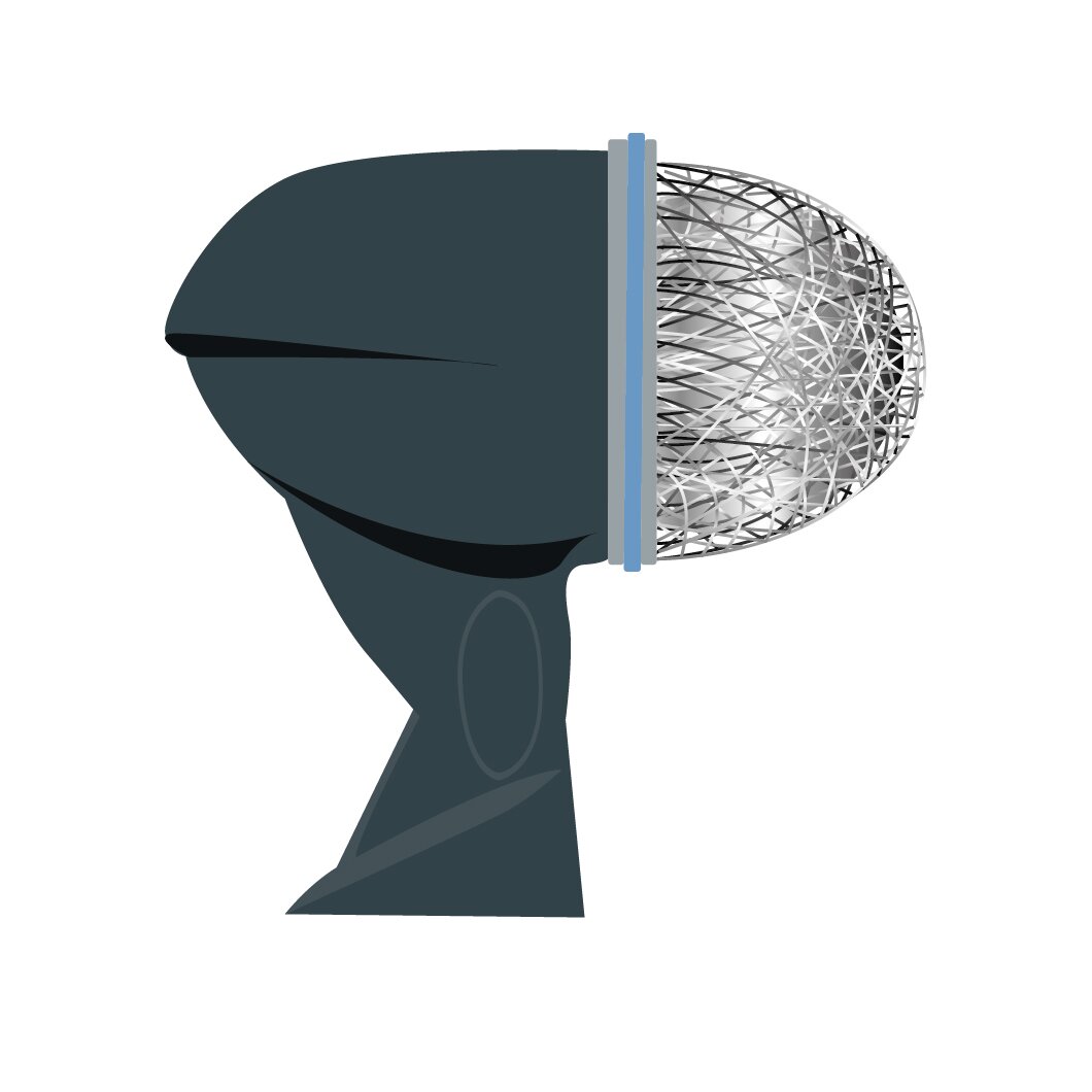 Na grafice widoczny jest mikrofon dynamiczny Shure Beta 52, w ujęciu z boku, mający kształt odwróconej do góry litery L. Górna część zbudowana jest z szarej półkulistej membrany, wykonana z plecionki cienkich drucików, poniżej której biegnie cieniutki niebieski pasek. Do membrany przyłączona kopułkowata cewka, w czarnej obudowie. Od niej odchodzi w dół czarna rękojeść o nieregularnym kształcie, z trójkątnym wcięciem w środkowej partii.