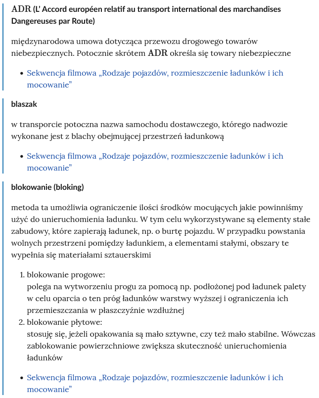Przykładowy wygląd słownika. Pojęcie ma następującą konstrukcję: pojęcie, poniżej jego definicja, a pod nią linki odsyłające do rozdziałów tego e‑materiału, w których użyto danego pojęcia.