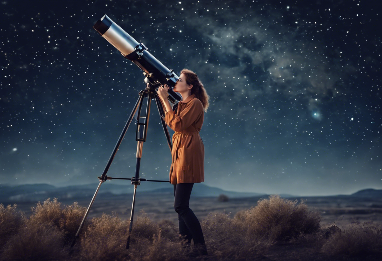 Zdjęcie przedstawia młodą kobietę w plenerze, stojącą przy wielkim teleskopie zamocowanym na trójnożnym statywie. Kobieta jest zwrócona w lewo i patrzy przez okular teleskopu skierowanego do góry. Obiema dłońmi trzyma pokrętła teleskopu. W tle widoczne jest rozgwieżdżone niebo, poniżej których widoczne są zarysy gór.