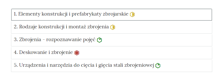 Przykładowy wygląd zakładek zawierających interaktywne materiały sprawdzające
