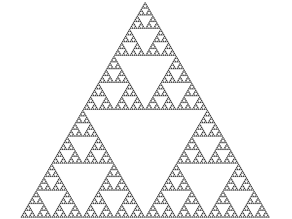 Rysunek przedstawia trójkąt Sierpińskiego, który jest trójkątem równobocznym, którego środki boków są połączone w równoboczny trójkąt wewnętrzny. Trójkąt wewnętrzny jest wycięty z trójkąta wyjściowego. Wewnątrz trójkąta pozostały trzy trójkąty równoboczne znajdujące się wokół wyciętego trójkąta. W każdym z nich również połączono środki boków w trójkąt, który również wycięto. Schemat podziału i wycinania części trójkątów powtarzany jest w nieskończoność, w związku z czym trójkąt ten jest fraktalem.