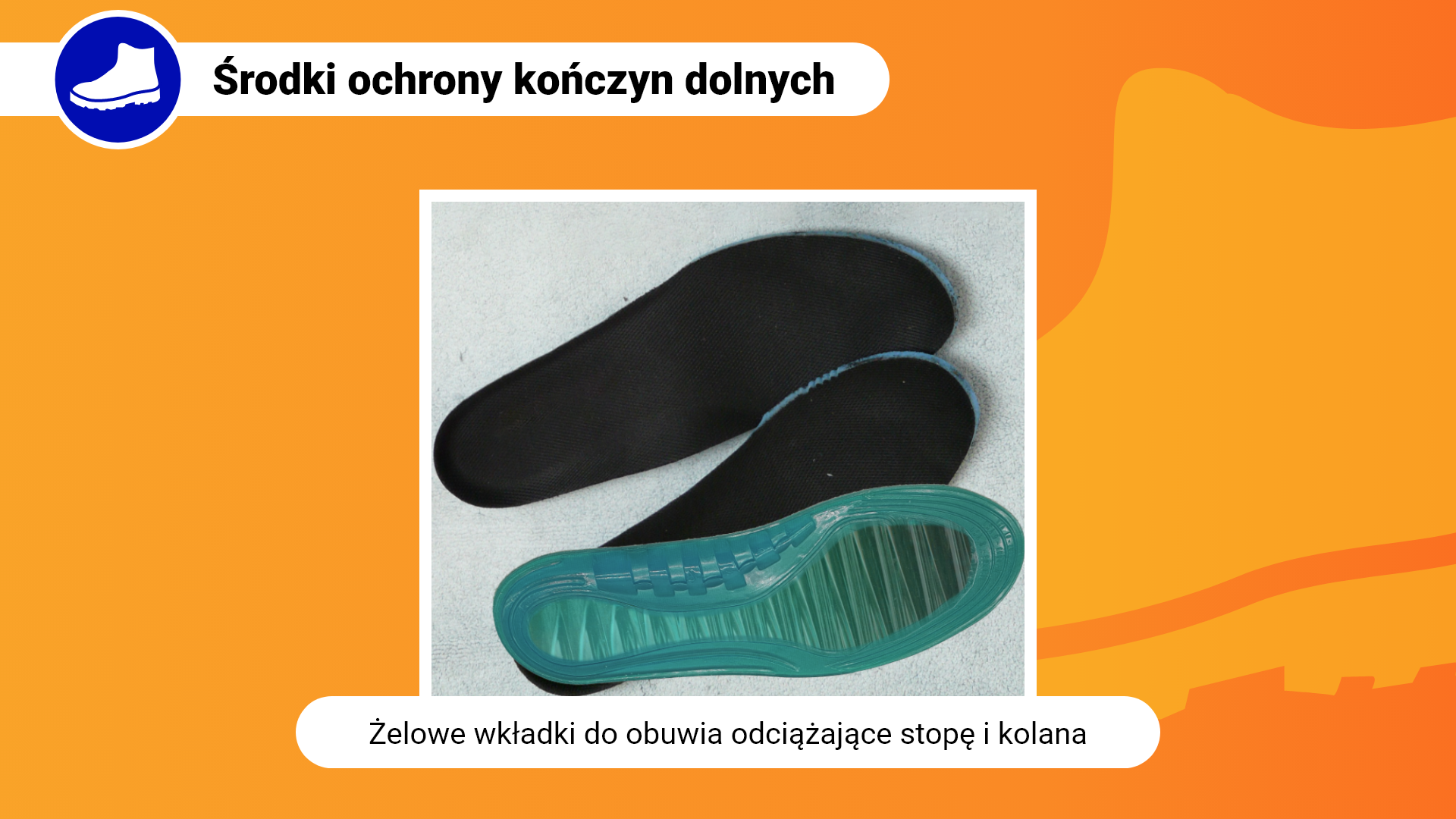 Zdjęcie w ramce z podpisem: żelowe wkładki do obuwia odciążające stopę i kolana. Przedstawia zbliżenie na trzy wkładki żelowe do obuwia. Dolna część wkładek jest z seledynowego żelu, a górna pokryta jest czarnym materiałem.