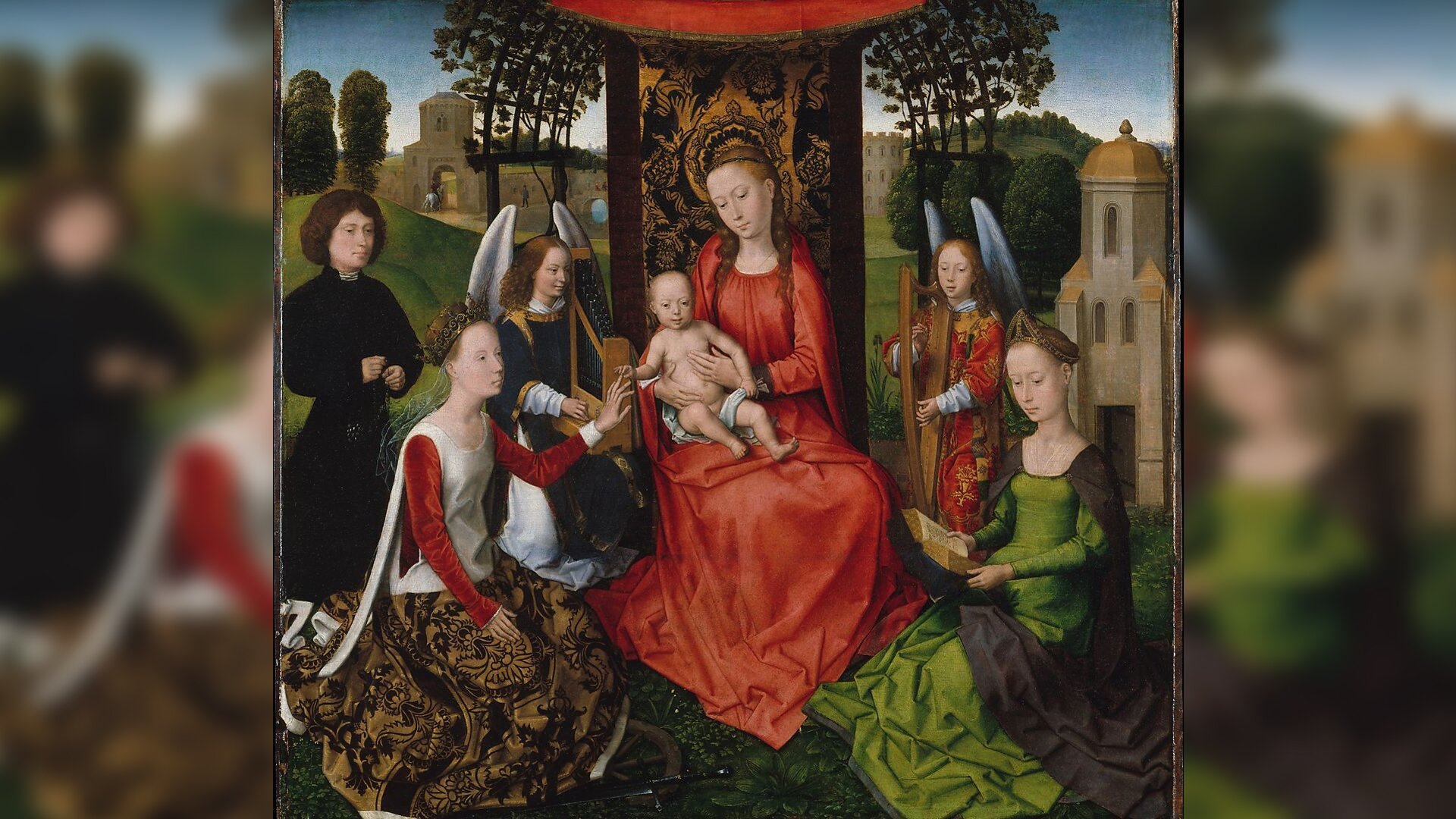 Obraz przedstawia łąkę, na której na tronie siedzi młoda kobieta w długiej sukni. Kobieta trzyma na kolanach nagie niemowlę. Przy tronie stoją dwa anioły i siedzą dwie kobiety w długich sukniach. Jedna z nich trzyma w otwartych dłoniach książkę. Druga trzyma za rękę niemowlę. Przy tronie stoi też młody mężczyzna. W oddali, w tle pojedyncze budynki, drzewa.