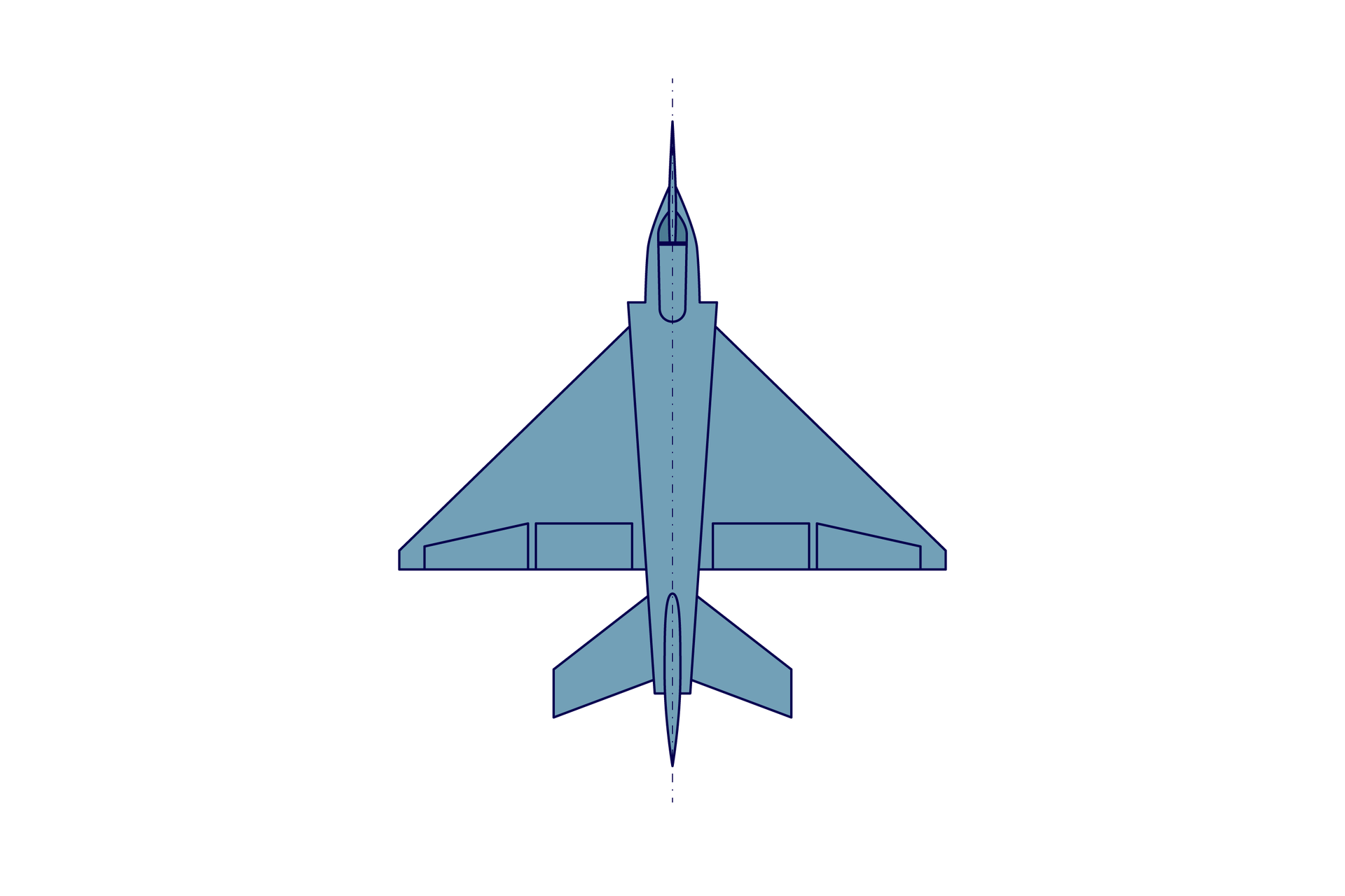 Ilustracja przedstawia samolot ze skrzydłami trójkątnymi. Skrzydła tego samolotu mają kształt trójkątów prostokątnych, skierowanych skośnym bokiem w kierunku lotu.