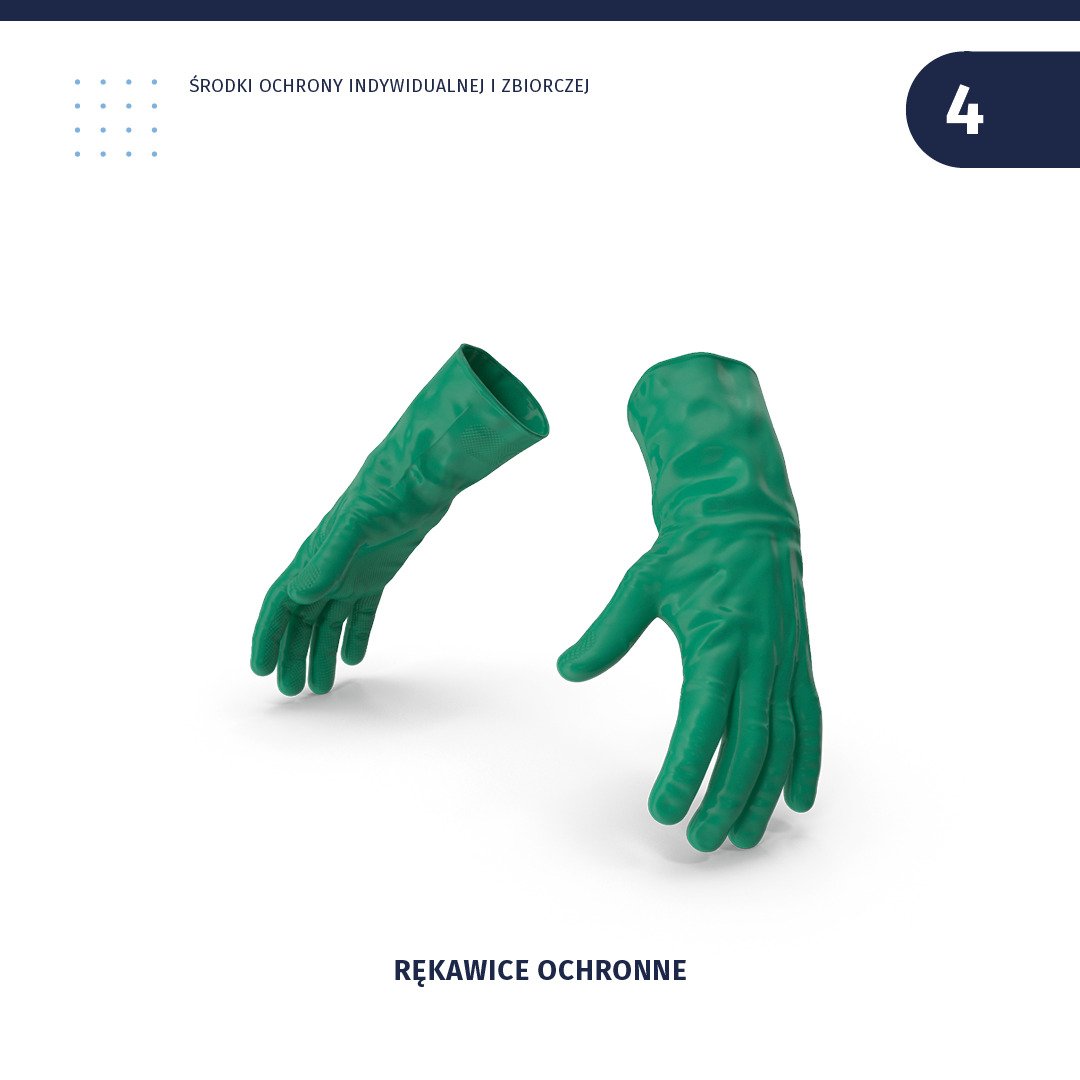 Ilustracja przedstawia gumowe, zielone rękawice ochronne.