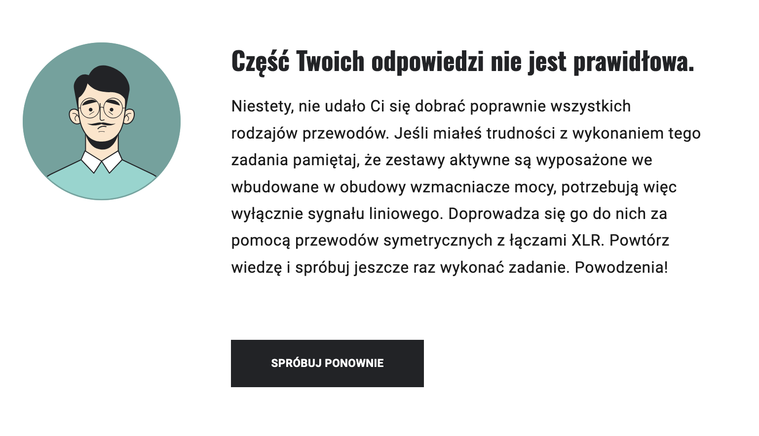 Ekran z informacją zwrotną po nieprawidłowym rozwiązaniu zadania