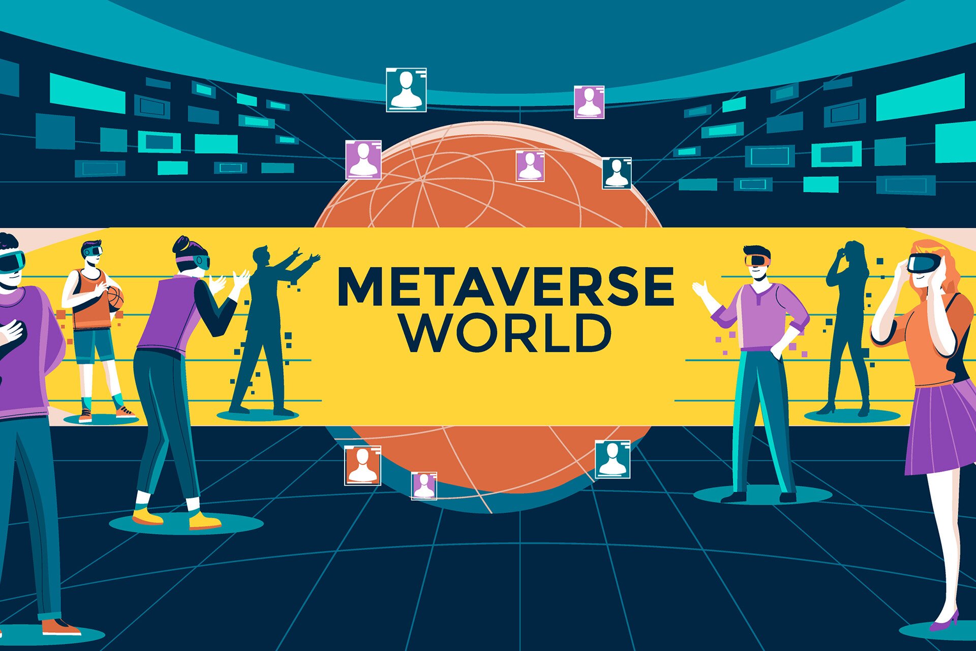 Ilustracja przedstawia kulę ziemską, wokół której poruszają się postacie w goglach VR. Widoczny jest napis w języku angielskim: METAVERSE WORLD.