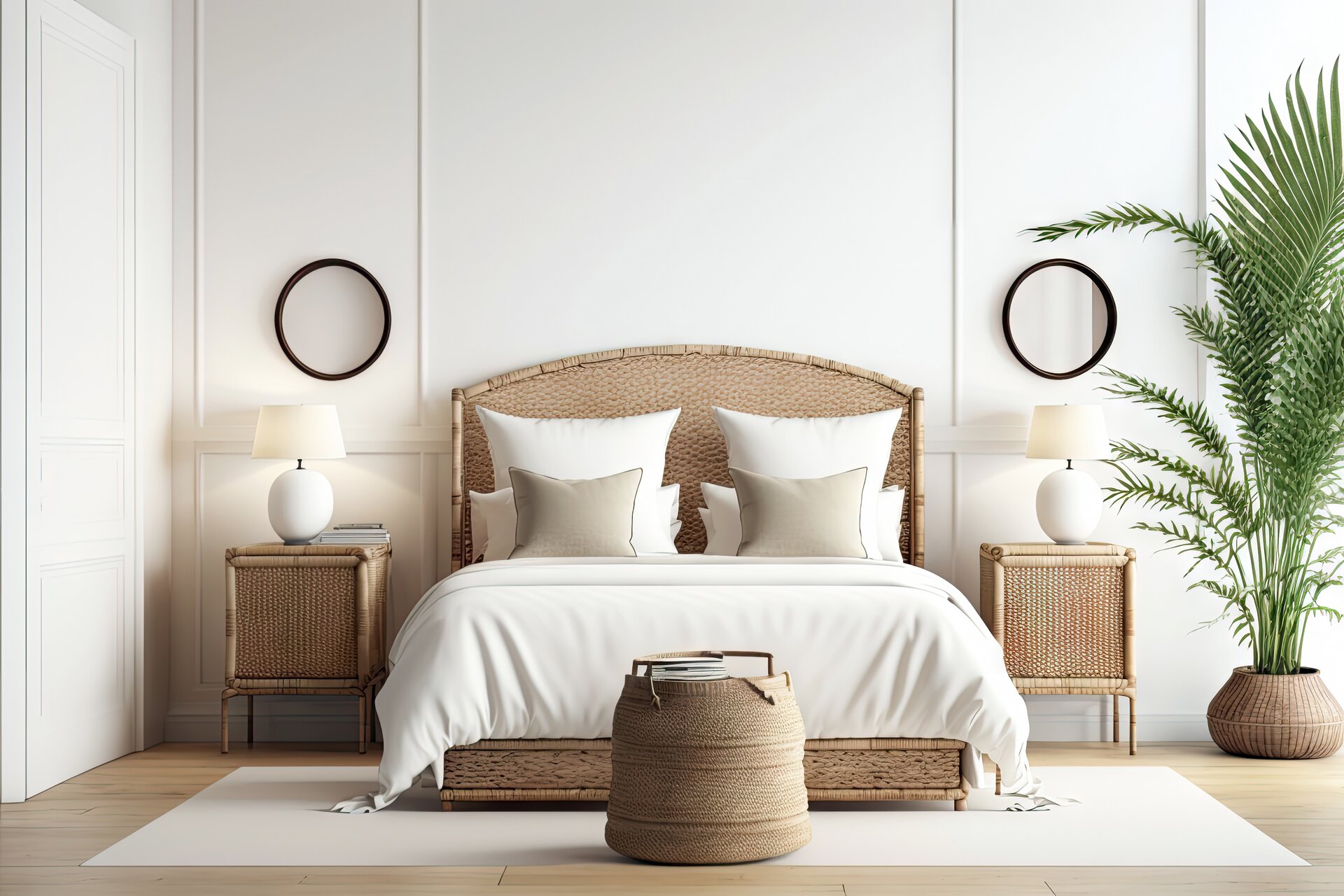 Fotografia przedstawia wnętrze sypialni. Pośrodku pod białą ścianą stoi łóżko, po jego obu stronach szafki nocne z wikliny, a przed łóżkiem ustawiono duży szary kosz. Na łóżku biała pościel z białymi oraz szarymi poduszkami. W kącie sypialni stoi paproć.