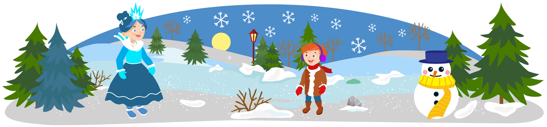 Ilustracja przedstawia krajobraz zimowy. W tle widać granatowe niebo z okrągłym księżycem. Na drugim planie znajduje się ośnieżona polana, na której rosną drzewa pozbawione liści oraz drzewa iglaste. Na środku polany w oddali, stoi bordowa latarnia dająca żółte światło. Na pierwszym planie, po prawej stronie ilustracji, stoi bałwan ubrany w granatowy kapelusz i żółty szalik. Na środku polany widać rudego chłopca ubranego w brązową kurtkę z białym kożuchem, fioletowe nauszniki, czerwony szalik, czerwone rękawiczki, długie granatowe spodnie i wysokie brązowe buty. Po lewej stronie polany stoi kobieta o granatowych włosach upiętych w kok. Jest ubrana w długą błękitno‑granatową suknię z wysokim kołnierzem, błękitne rękawiczki i wysokie ciemnoniebieskie buty. Na głowie ma biało‑błękitną koronę. Patrzy na chłopca, który odwzajemnia jej spojrzenie.