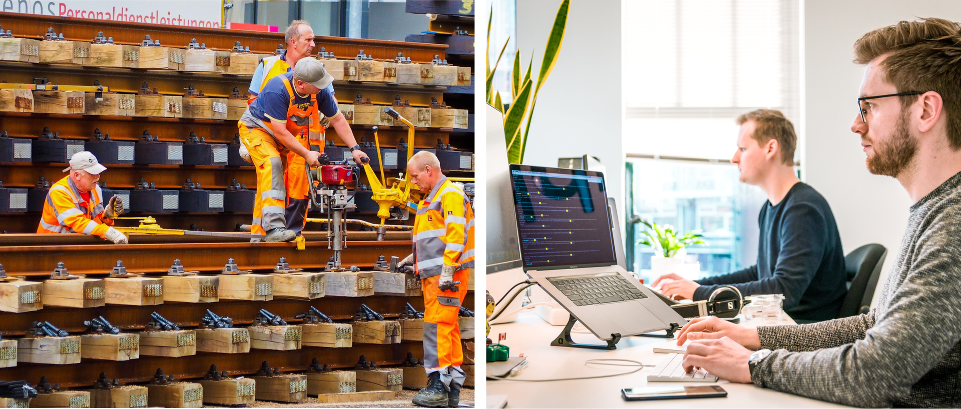 Grafika składa się z dwóch zdjęć. Po lewej robotnicy pracują na budowie. Po prawej dwóch mężczyzn pracuje przy komputerze.