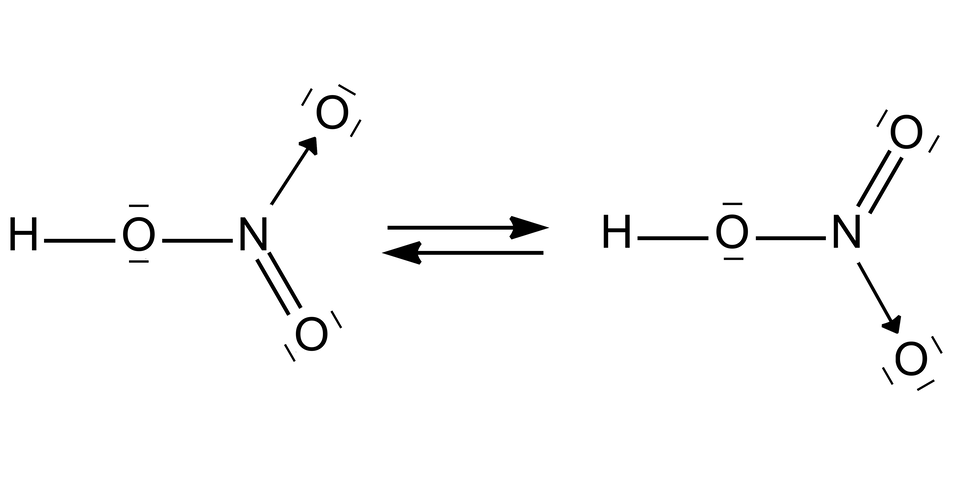 Ilustracja przedstawiająca dwie struktury rezonansowe kwasu azotowego(pięć). Pierwsza zbudowana z atomu azotu połączonego z pierwszym atomem tlenu za pomocą wiązania podwójnego, z drugim związanym z atomem wodoru za pomocą wiązania pojedynczego i z trzecim za pomocą wiązania koordynacyjnego, co symbolizuje strzałka skierowana grotem w stronę atomu tlenu. Na atomach tlenu zaznaczono dodatkowo wolne pary elektronowe. Na pierwszym dwie, na drugim również dwie oraz na trzecim trzy. Powstanie drugiej struktury rezonansowej powoduje ruch elektronów od jednej z trzech wolnych par elektronowych atomu tlenu do atomu azotu oraz zerwanie wiązania podwójnego azot tlen i przejście pary elektronowej na atom tlenu. Zatem w drugiej strukturze rezonansowej atom azotu połączony jest z pierwszym atomem tlenu za pomocą wiązania koordynacyjnego, z drugim podstawionym atomem wodoru za pomocą wiązania pojedynczego oraz z trzecim za pomocą wiązania podwójnego.