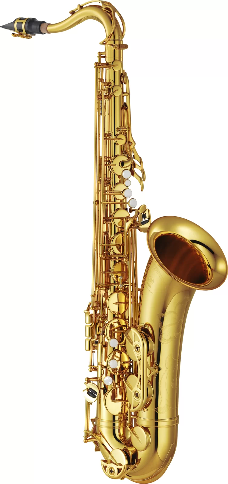 Ilustracja przedstawia saksofon tenorowy. Na zdjęciu ukazany jest podłużny instrument w kolorze złotym, wygięty na kształt fajki z czarnym ustnikiem oraz metalowymi klapkami.