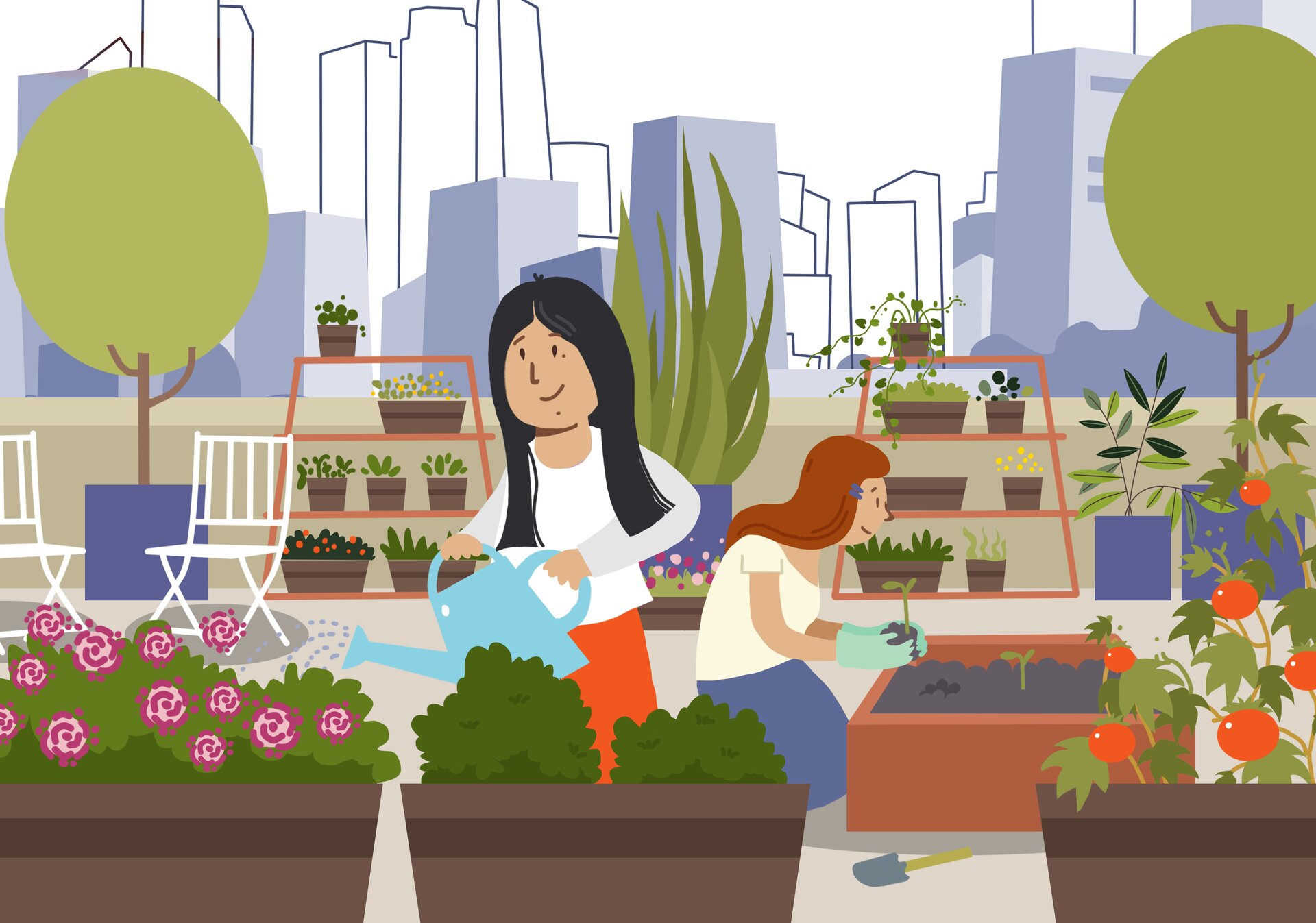 Na ilustracji widoczny jest ogród umieszczony na płaskim dachu jednego z budynków miejskich. Stoją tu regały z donicami oraz duże pojemniki, w których rosną różnorodne rośliny, zarówno zielone, jak i kwitnące. W centrum uwagi są dwie kobiety: jedna z nich sadzi rośliny do donicy, a druga podlewa je z konewki.