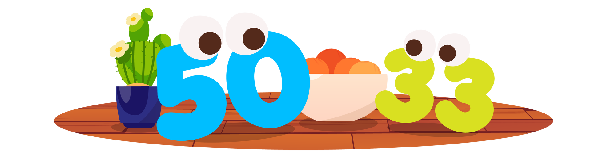 Ilustracja przedstawia fragment drewnianej podłogi. Po lewej stronie stoi na niej zielony kaktus w granatowej donicy. Obok niego jest niebieska liczba pięćdziesiąt z oczami skierowanymi w stronę beżowej miski wypełnionej pomarańczami, stojącej dalej na prawo. Całkiem po prawej stronie jest jasnozielona liczba trzydzieści trzy z oczami, którymi również patrzy na miskę z pomarańczami.