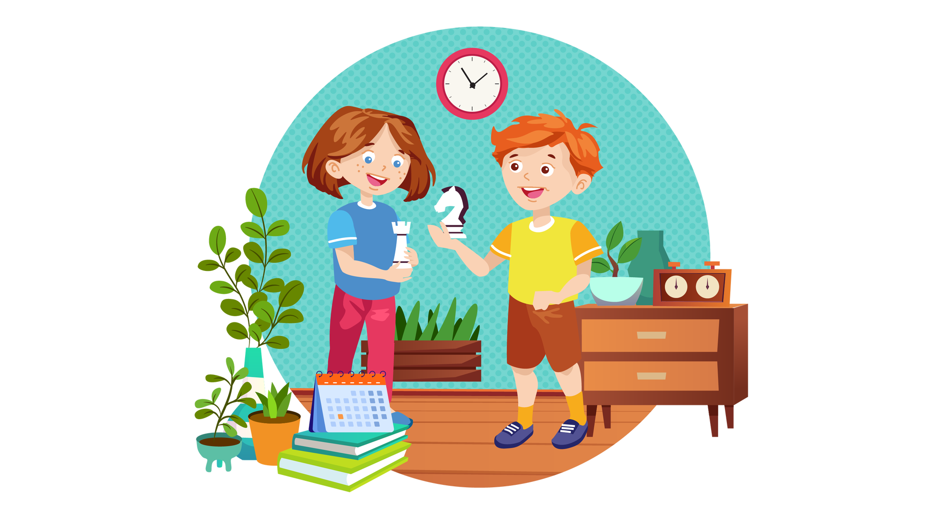 Ilustracja przedstawia pomieszczenie w domu Mai i Franka. W tle widać turkusową ścianę, na której wisi okrągły zegar. Tuż nad podłogą jest brązowa skrzynka z zieloną rośliną. Po lewej stronie, na podłodze, są jeszcze dwie zielone rośliny, każda z nich w doniczce innego koloru, oraz wazon w białe i turkusowe pasy, a w nim trzy gałązki z licznymi zielonymi listkami. Obok leżą dwie książki ułożone jedna na drugiej, a na nich jest postawiony kalendarz biurkowy. Po prawej stronie ilustracji stoi brązowa szafka z dwiema szufladami. Znajdują się na niej niewielka zielona roślina w doniczce, pusty ciemnozielony wazon i podwójny zegar z dwoma przyciskami, służący do odmierzania czasu trwania każdej partii szachowej. W centralnej części pomieszczenia stoją uśmiechnięci Maja i Franek. Maja trzyma w rękach figurę wieży, a Franek ma w prawej ręce figurę skoczka. Oboje spoglądają na swoje figurki szachowe. Wieża przypomina wyglądem wieżę zamkową z okrągłym obramowaniem w górnej części, natomiast skoczek ma kształt głowy konia.