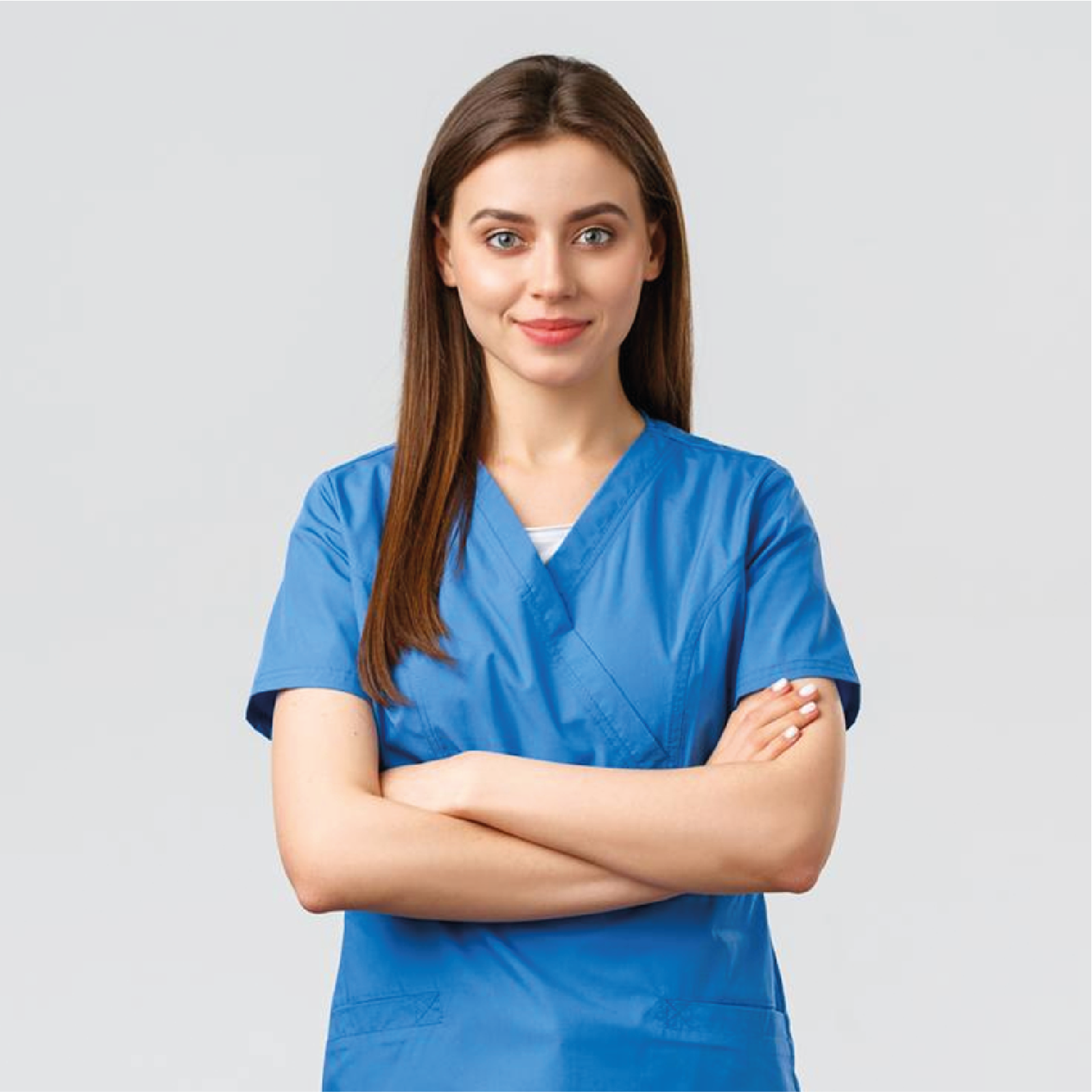 Zdjęcie przedstawia młodą kobietę w niebieskim uniformie.
