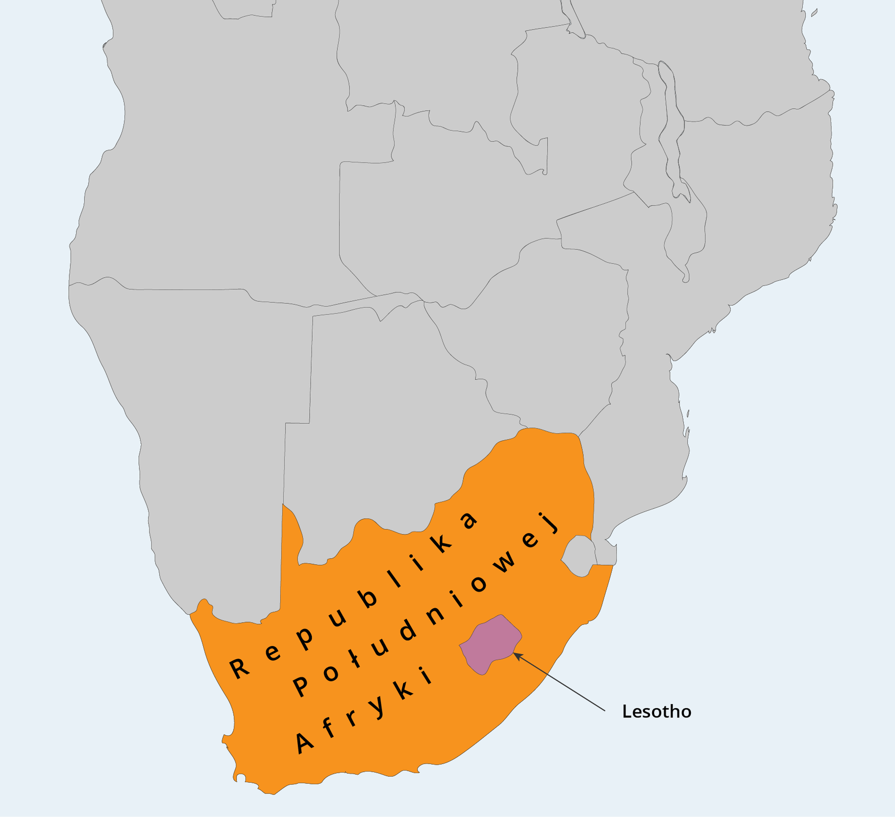 Na fragmencie mapy południa Afryki zaznaczono Republikę Południowej Afryki. We wschodniej części zaznaczono niewielki obszar lesotho.  